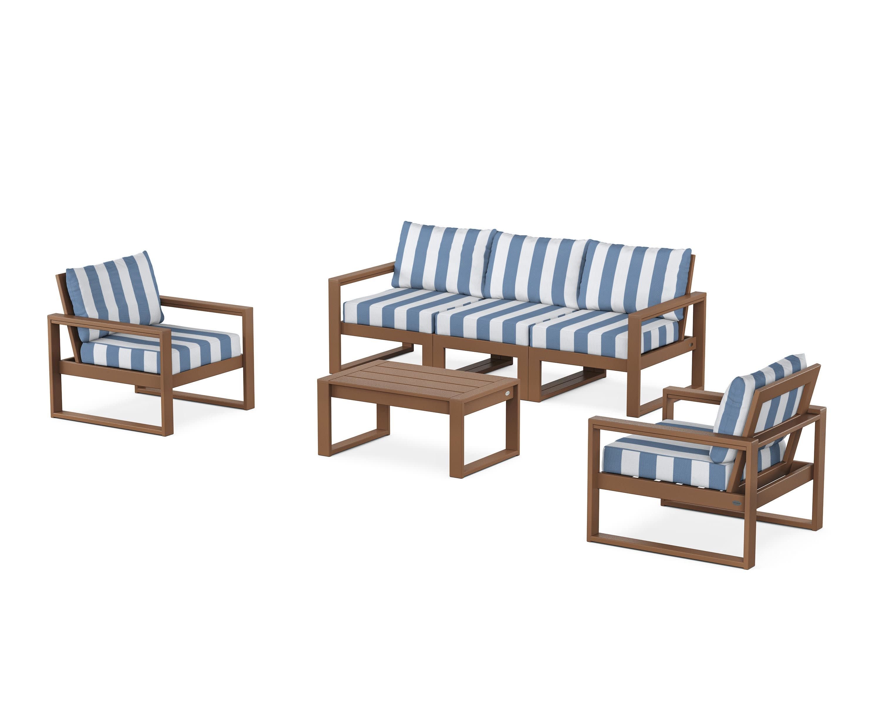 EDGE Sectional 4-Piece Deep Seating Set with Sofa in Teak / Cabana Stripe Sky Blue