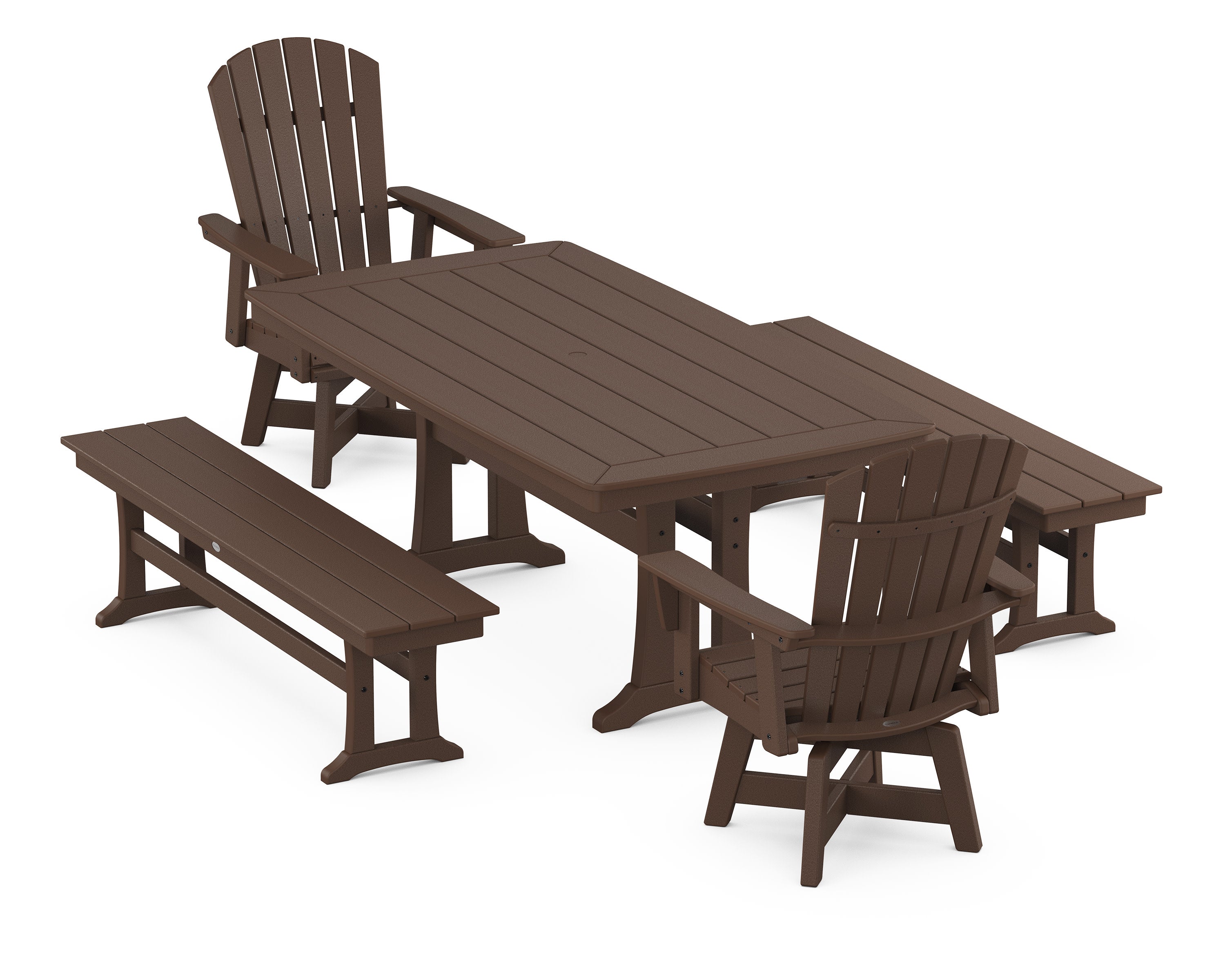 Nautical Curveback Adirondack Swivel Chair 5-Piece Dining Set with Trestle Legs and Benches in Mahogany