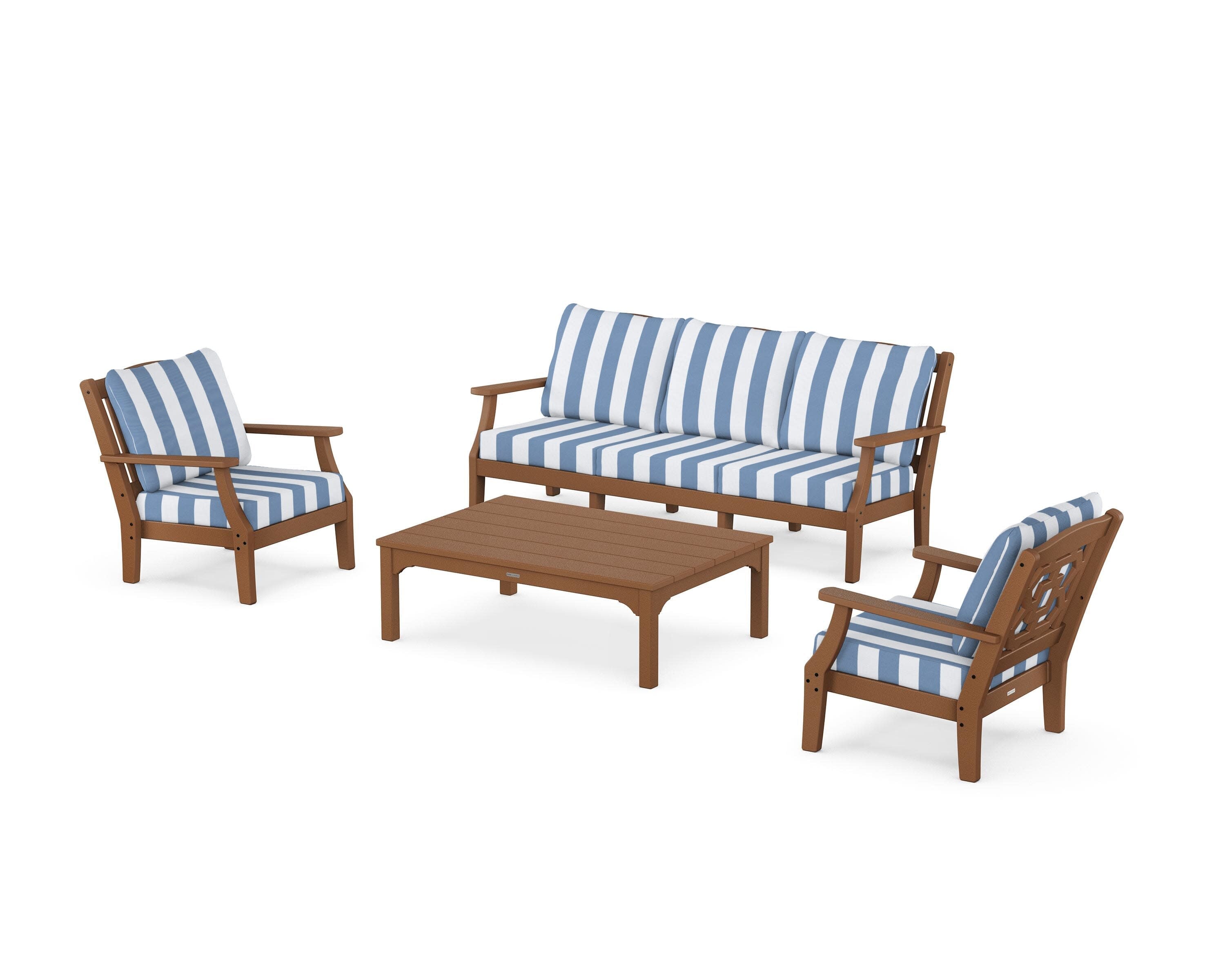 Chinoiserie 4-Piece Deep Seating Set with Sofa in Teak / Cabana Stripe Sky Blue