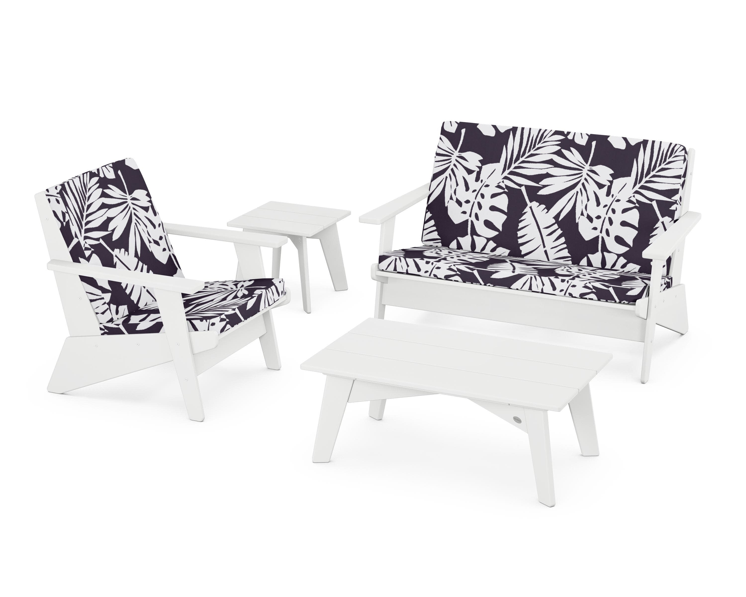 Riviera Modern Lounge 4-Piece Set in White / Leaf Navy