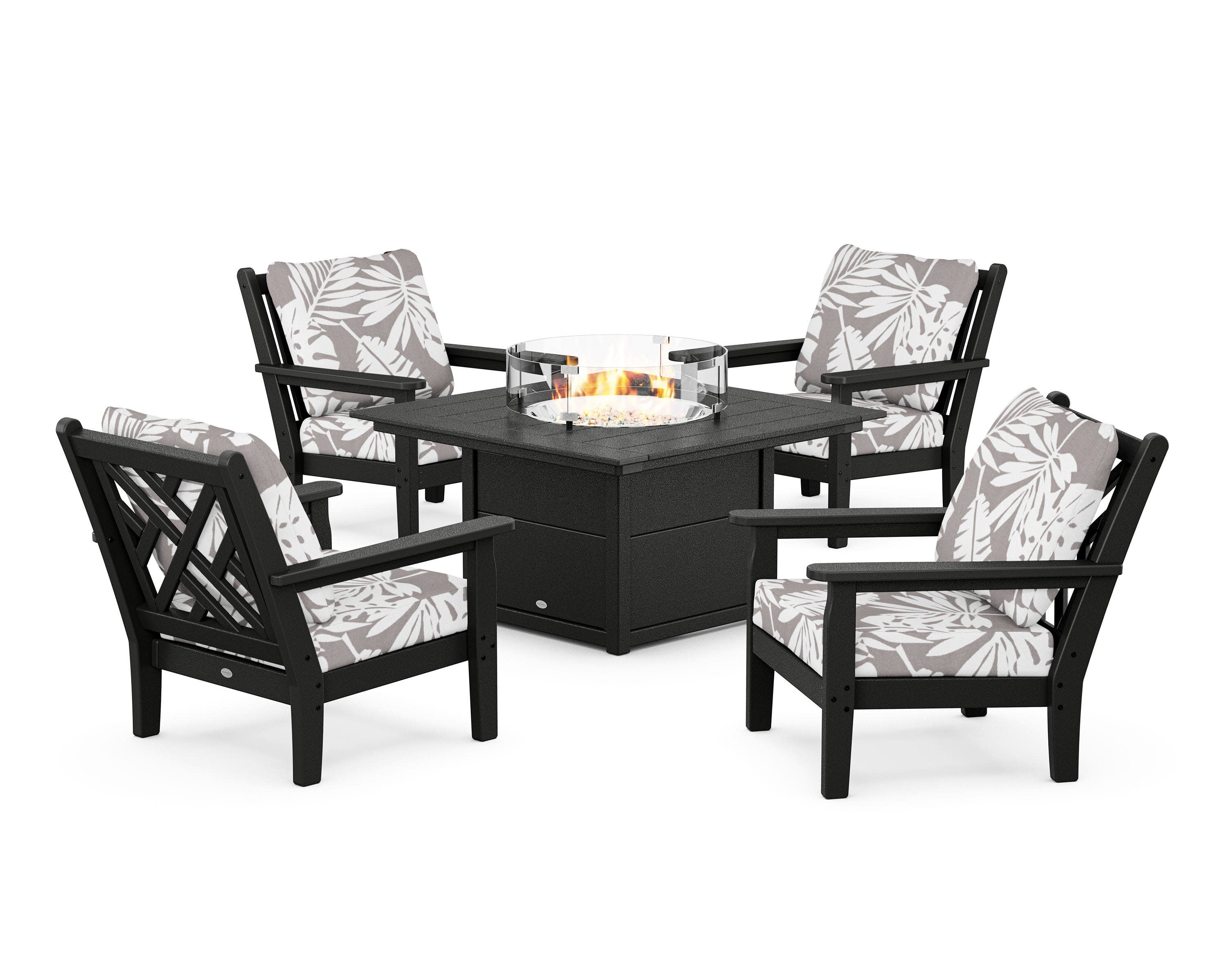 Chippendale 5-Piece Deep Seating Set with Fire Pit Table in Black / Leaf Grey Mist