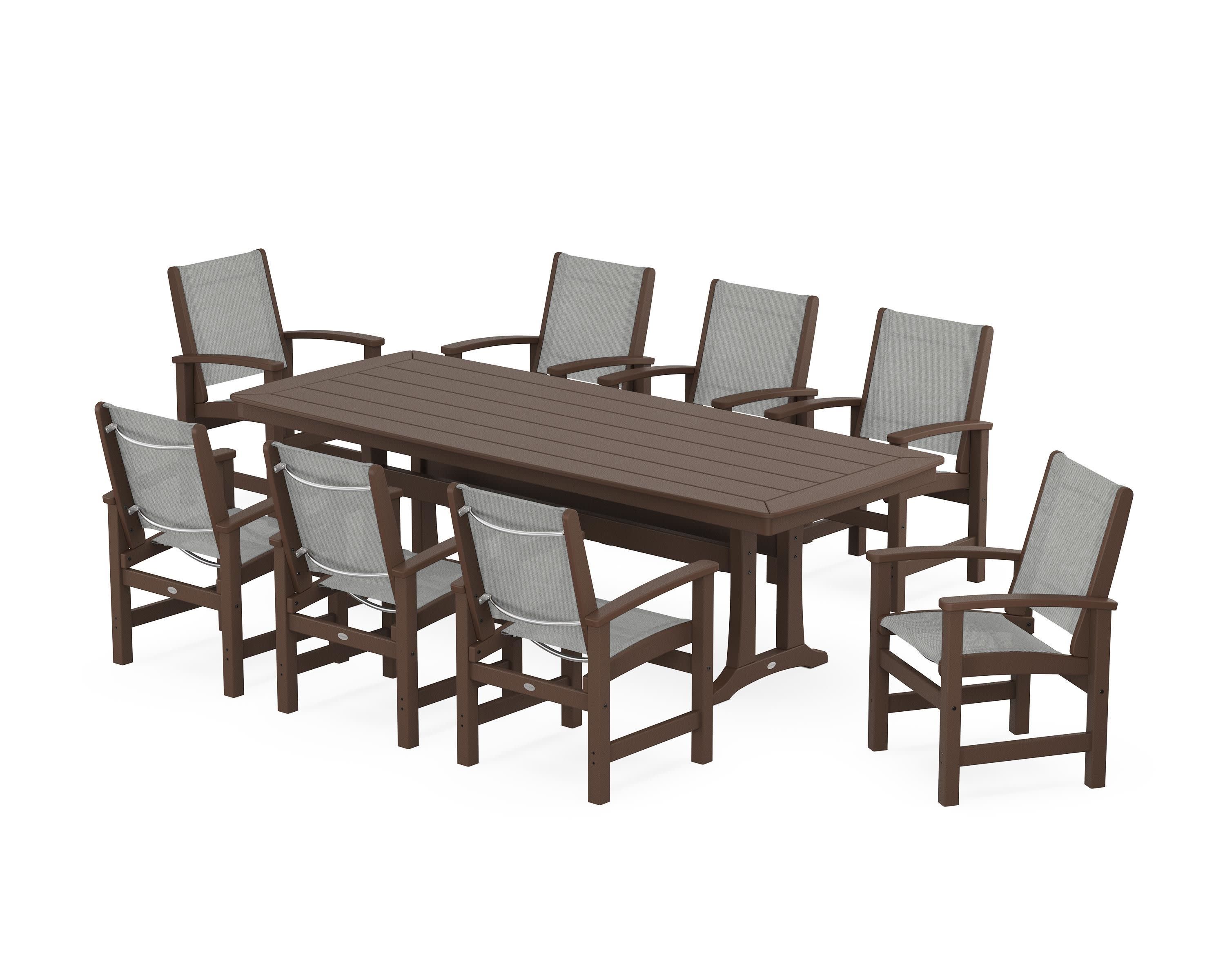 Coastal 9-Piece Dining Set with Trestle Legs in Mahogany / Metallic Sling