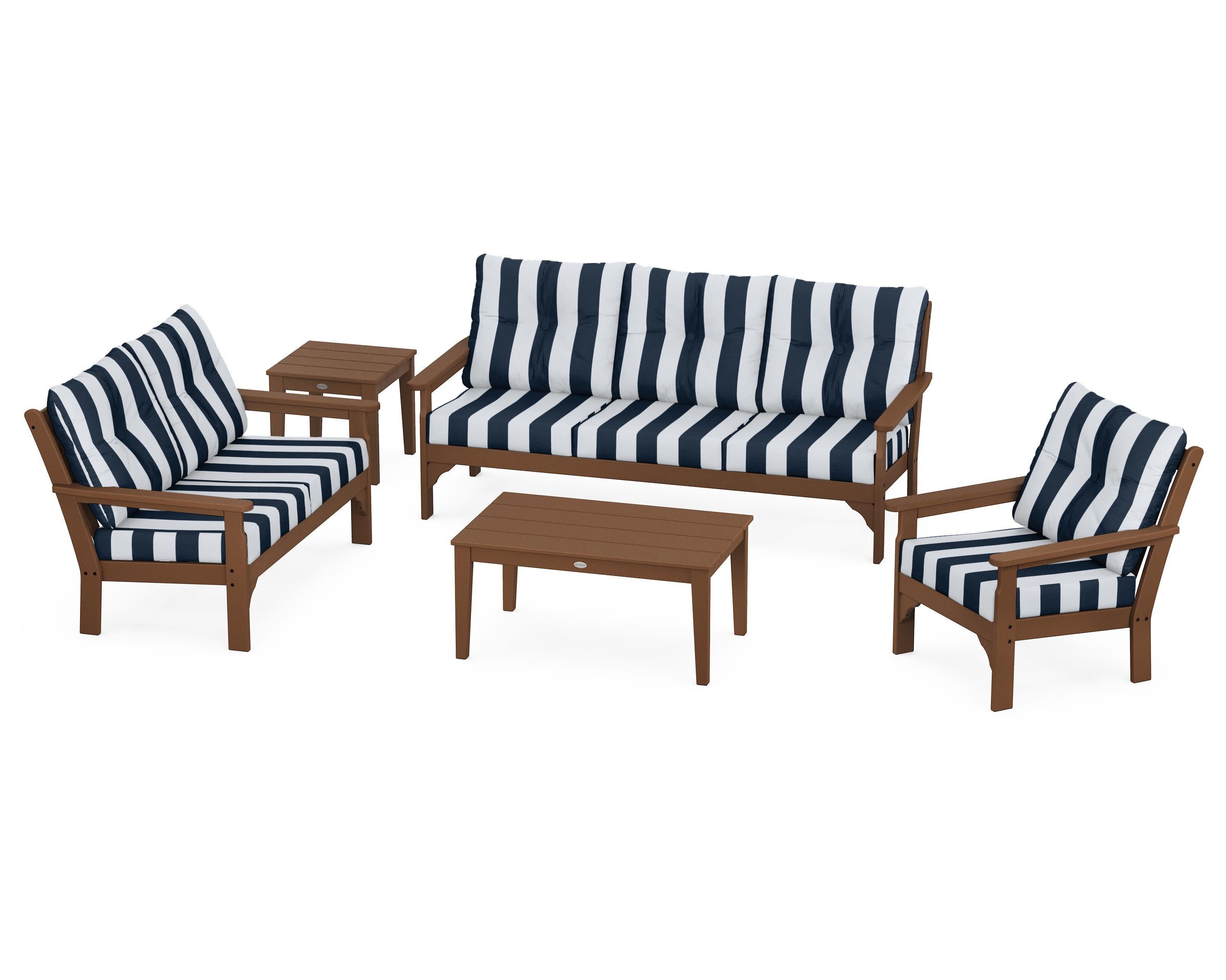 Vineyard 5 Piece Deep Seating Set in Teak / Cabana Stripe Marine Indigo