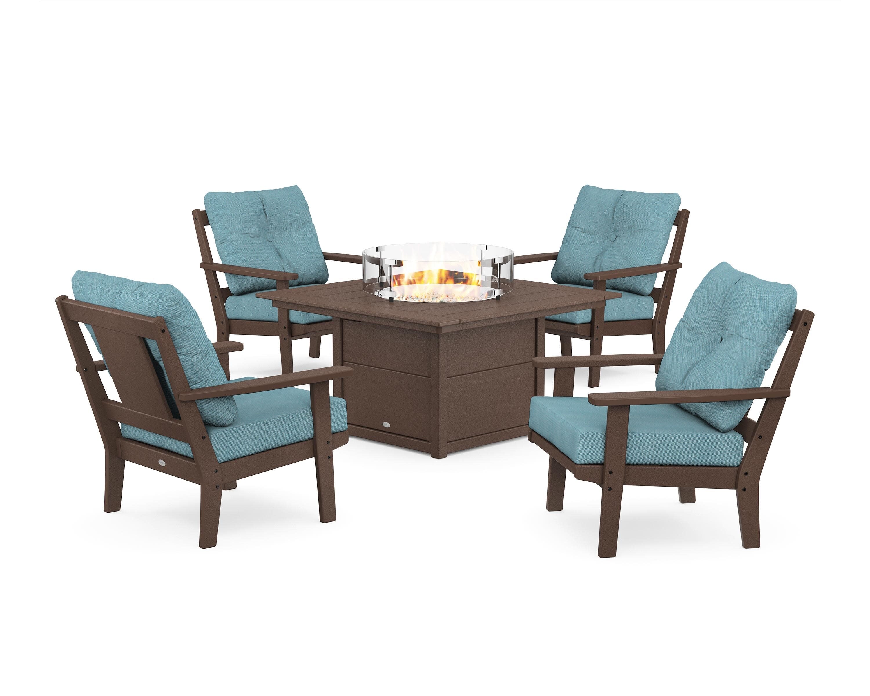 Prairie 5-Piece Deep Seating Set with Fire Pit Table in Mahogany / Lattice Sky Blue