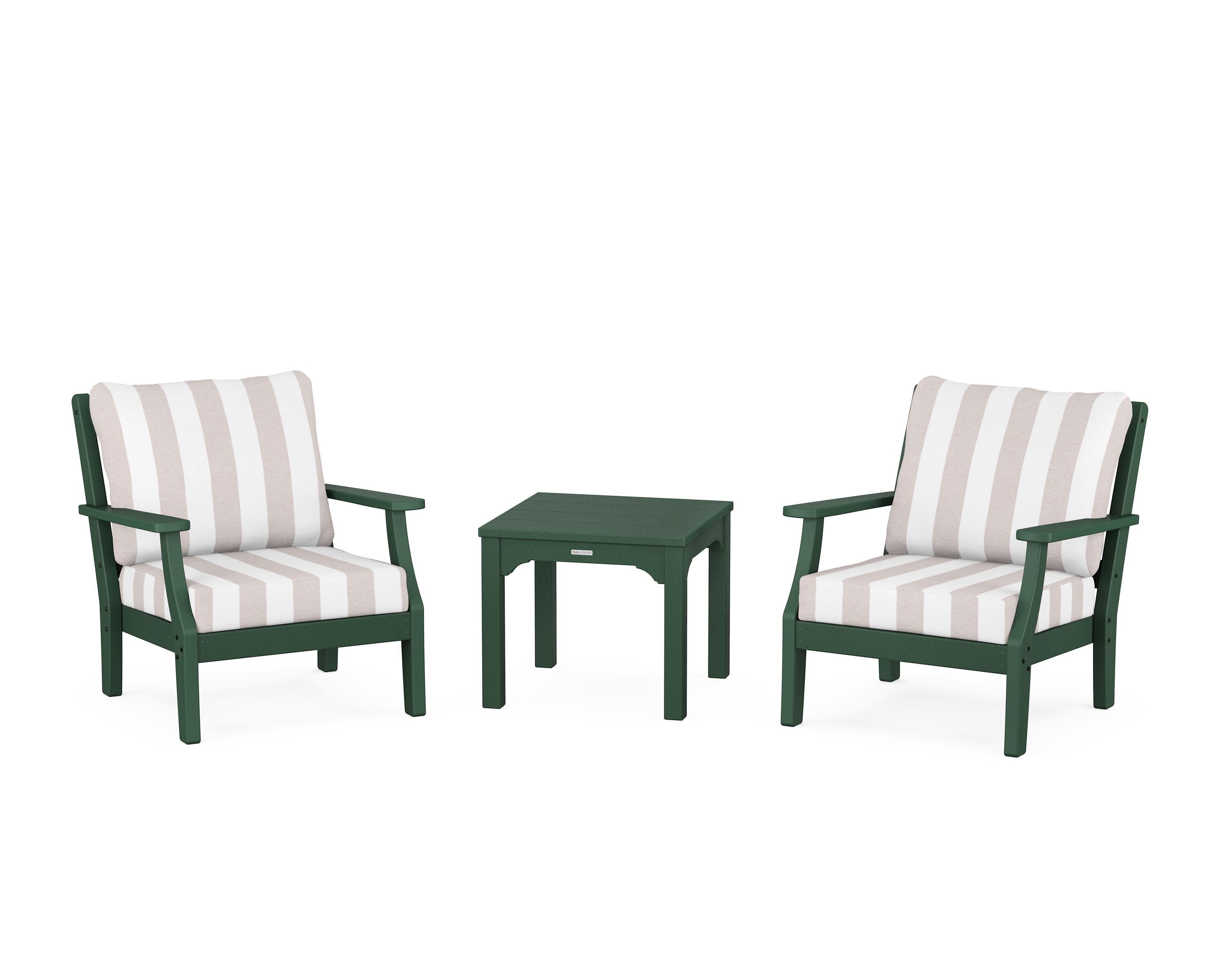 Chinoiserie 3-Piece Deep Seating Set in Green / Cabana Stripe Dune Burlap