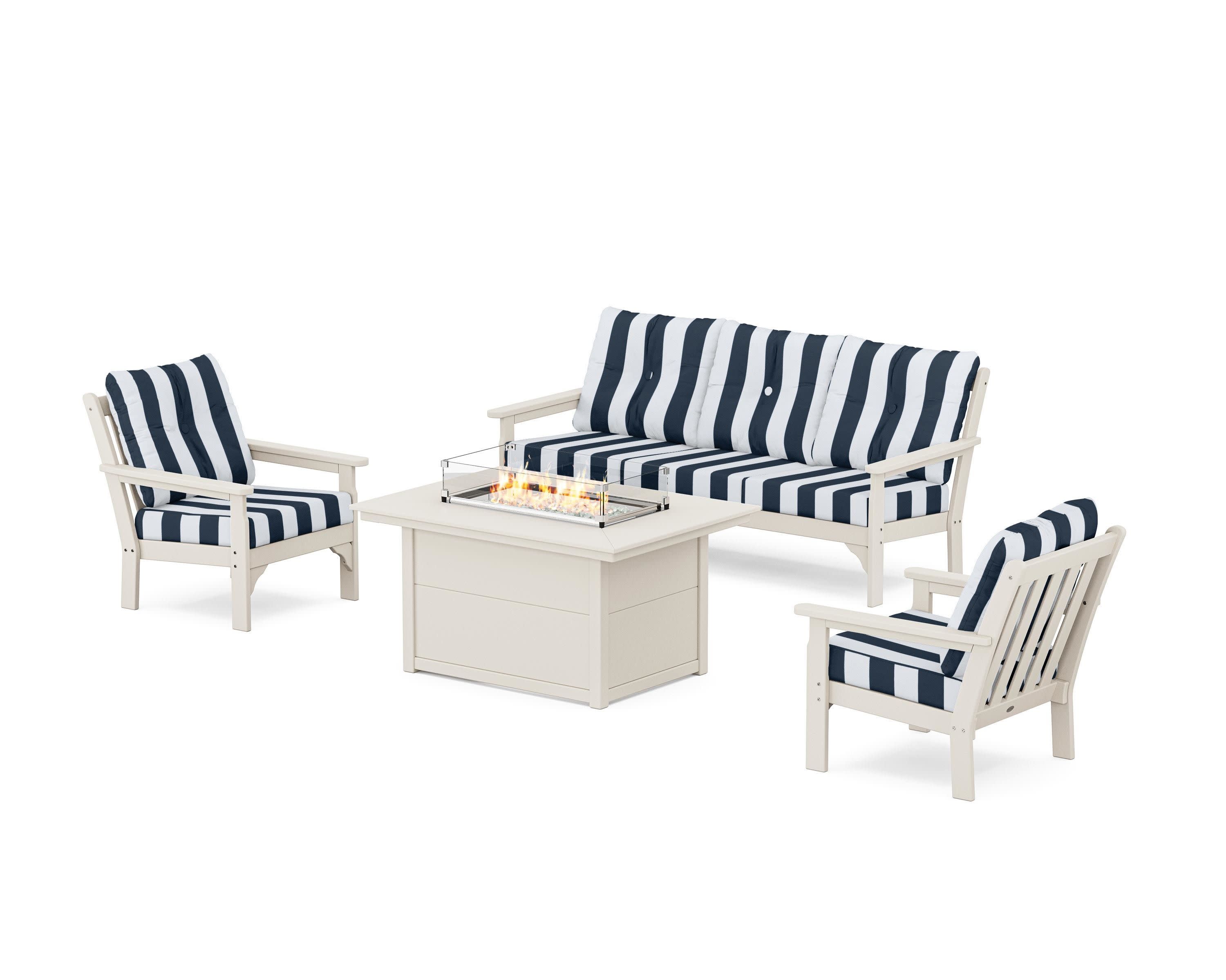 Vineyard Deep Seating Fire Pit Table Set in Sand / Cabana Stripe Marine Indigo