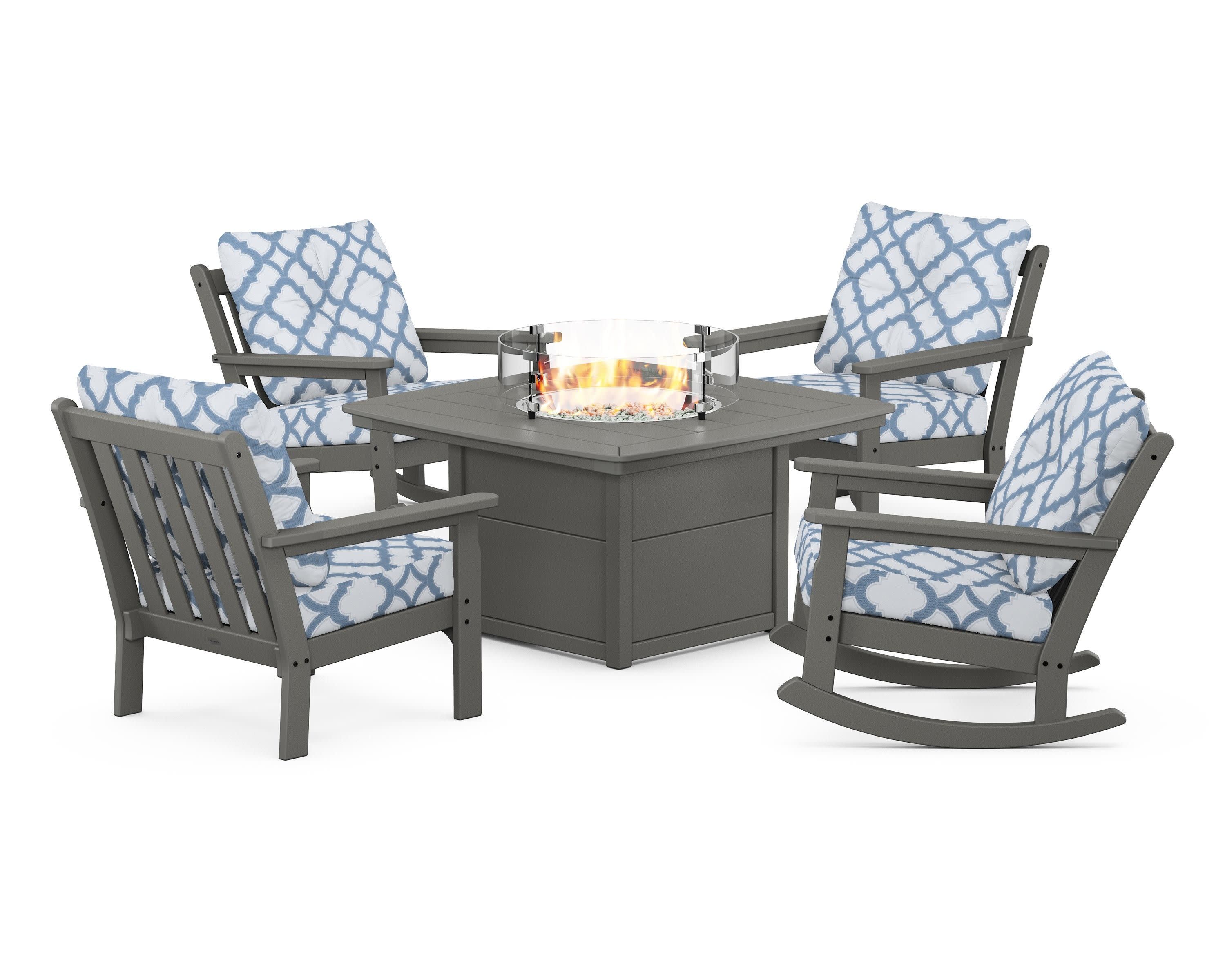 Vineyard 5-Piece Deep Seating Rocking Chair Conversation Set with Fire Pit Table in Slate Grey / Trellis Sky Blue