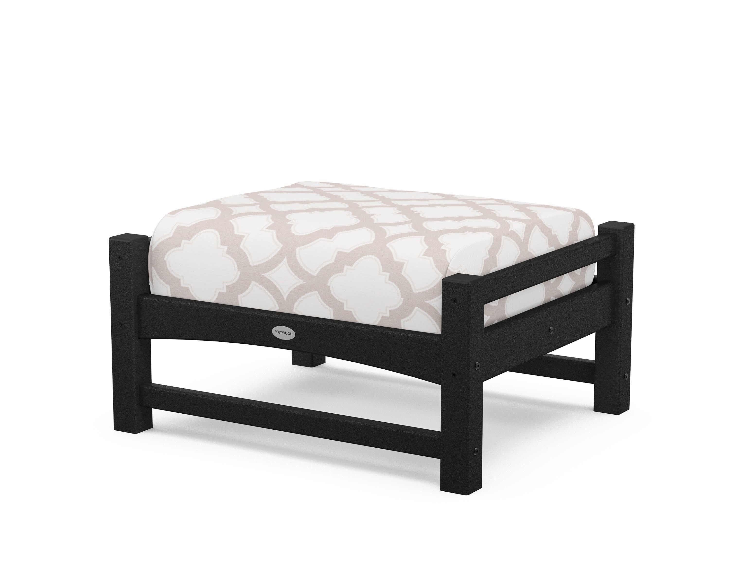 Club Ottoman in Black / Trellis Dune Burlap
