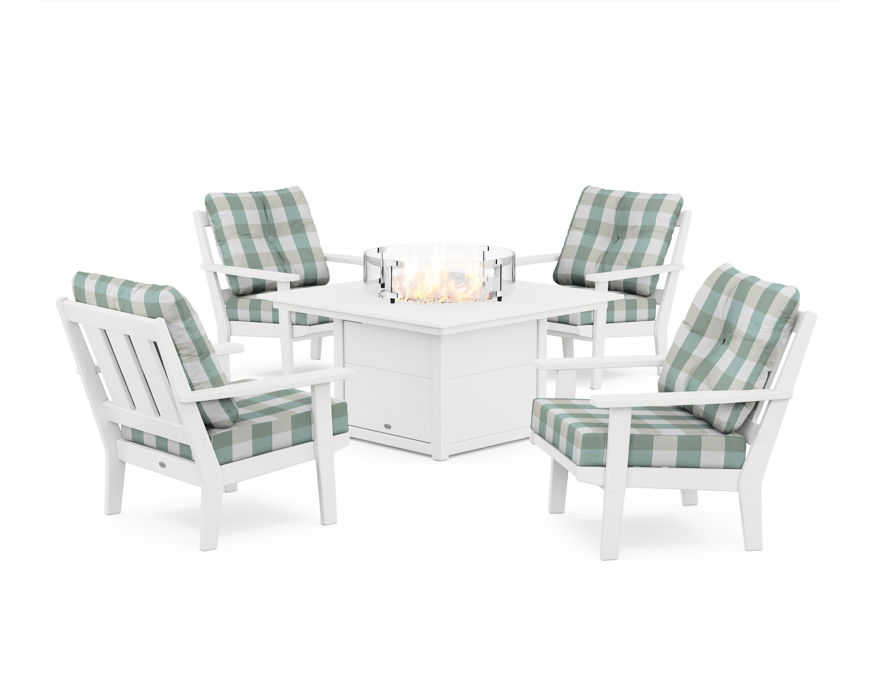 Oxford 5-Piece Deep Seating Set with Fire Pit Table in White / Buffalo Plaid Glacier Spa