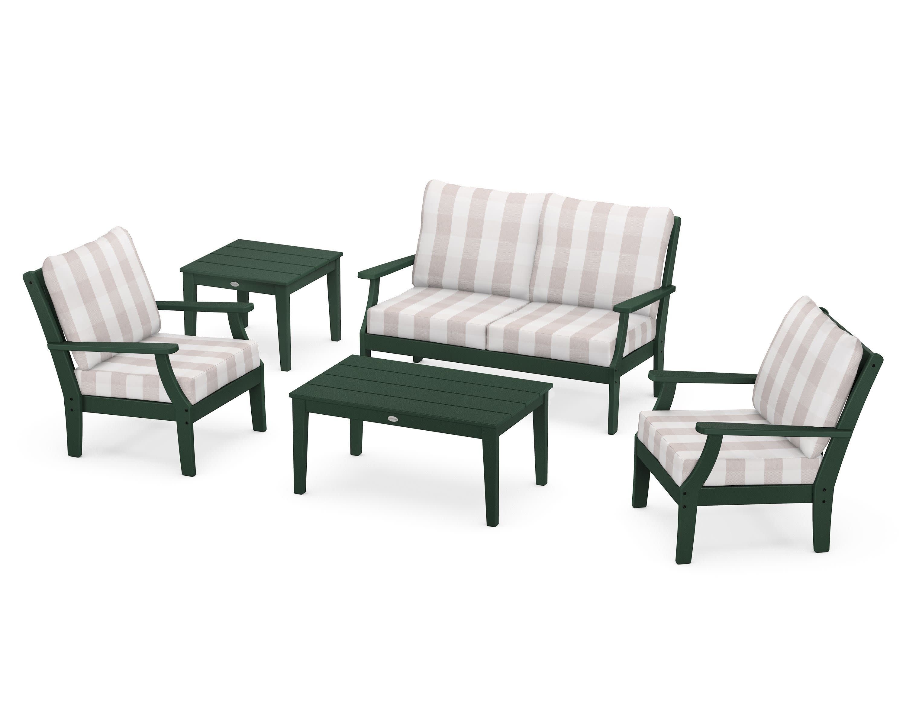 Braxton 5-Piece Deep Seating Set in Green / Buffalo Plaid Dune Burlap