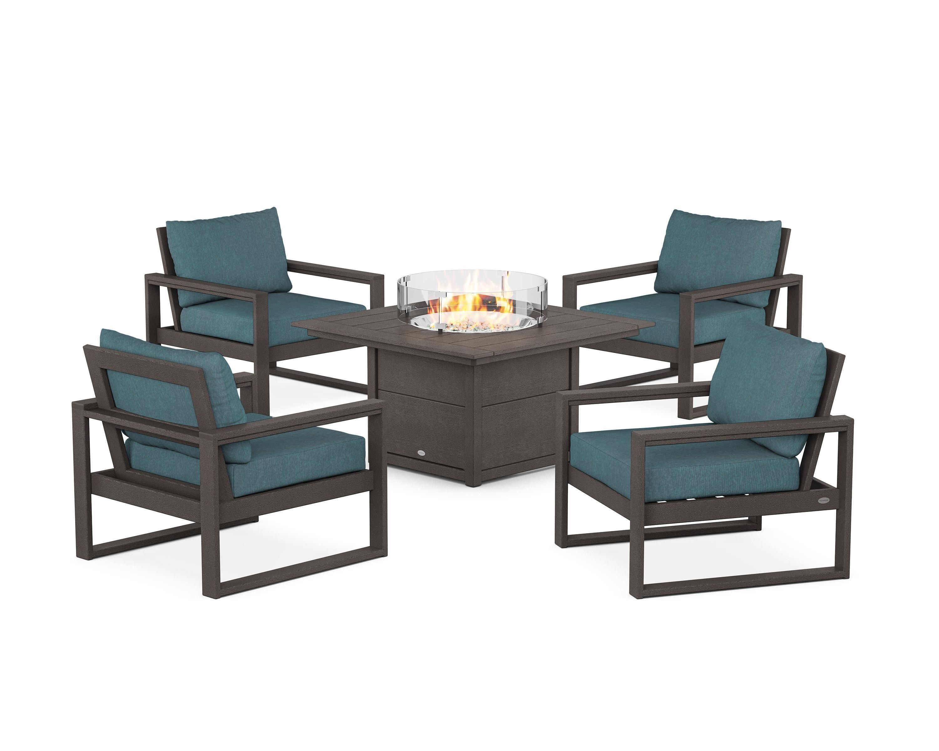 EDGE Sectional 5-Piece Deep Seating Set with Fire Pit Table in Vintage Coffee / Ocean Teal