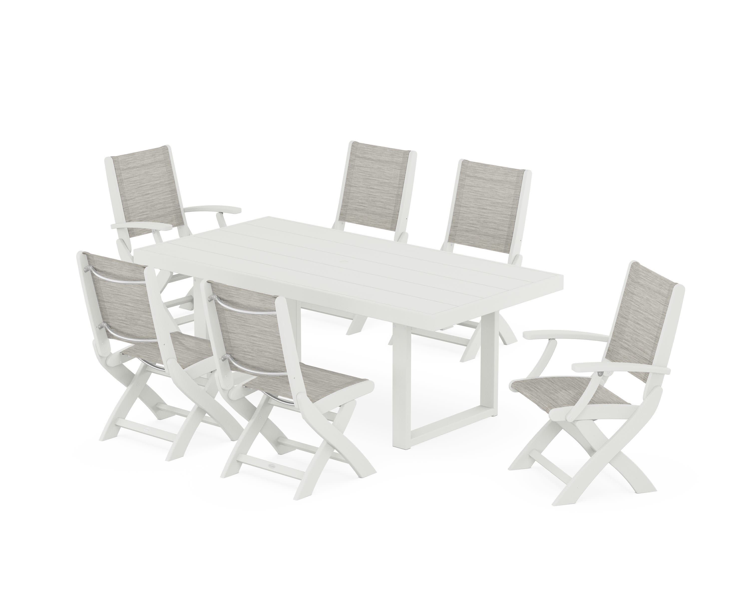 Coastal Folding Chair 7-Piece Dining Set with Trestle Legs in Vintage White / Birch Sling