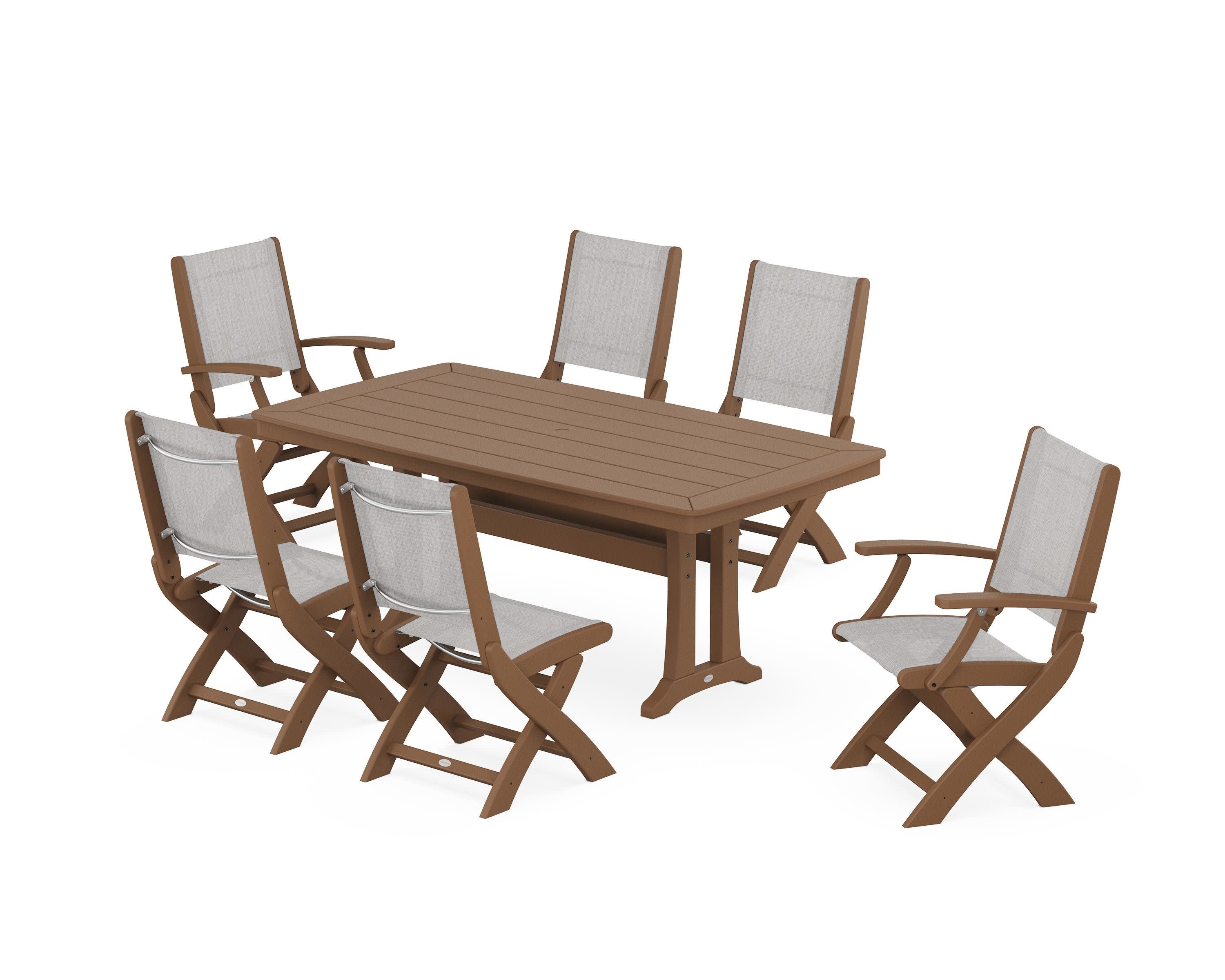 Coastal Folding Chair 7-Piece Dining Set with Trestle Legs in Teak / Parchment Sling