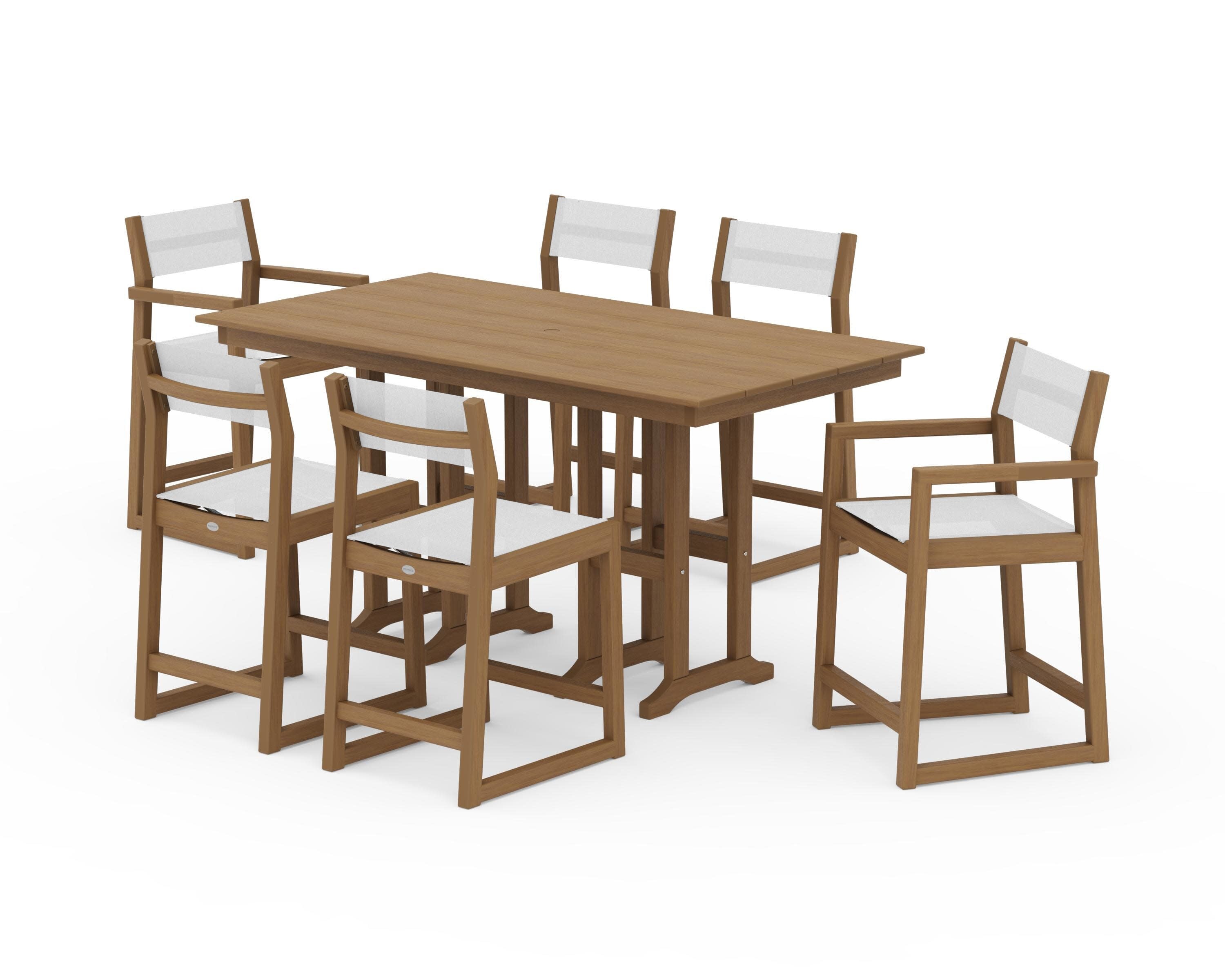 EDGE Sling 7-Piece Farmhouse Counter Set with Trestle Legs in Natural / White Sling