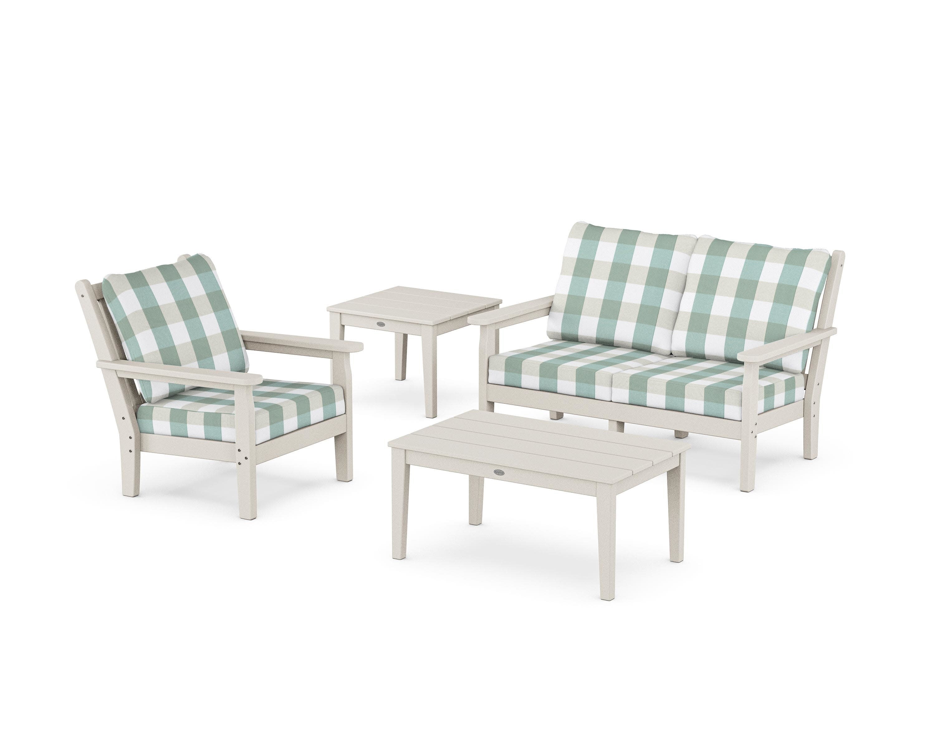Chippendale 4-Piece Deep Seating Set in Sand / Buffalo Plaid Glacier Spa