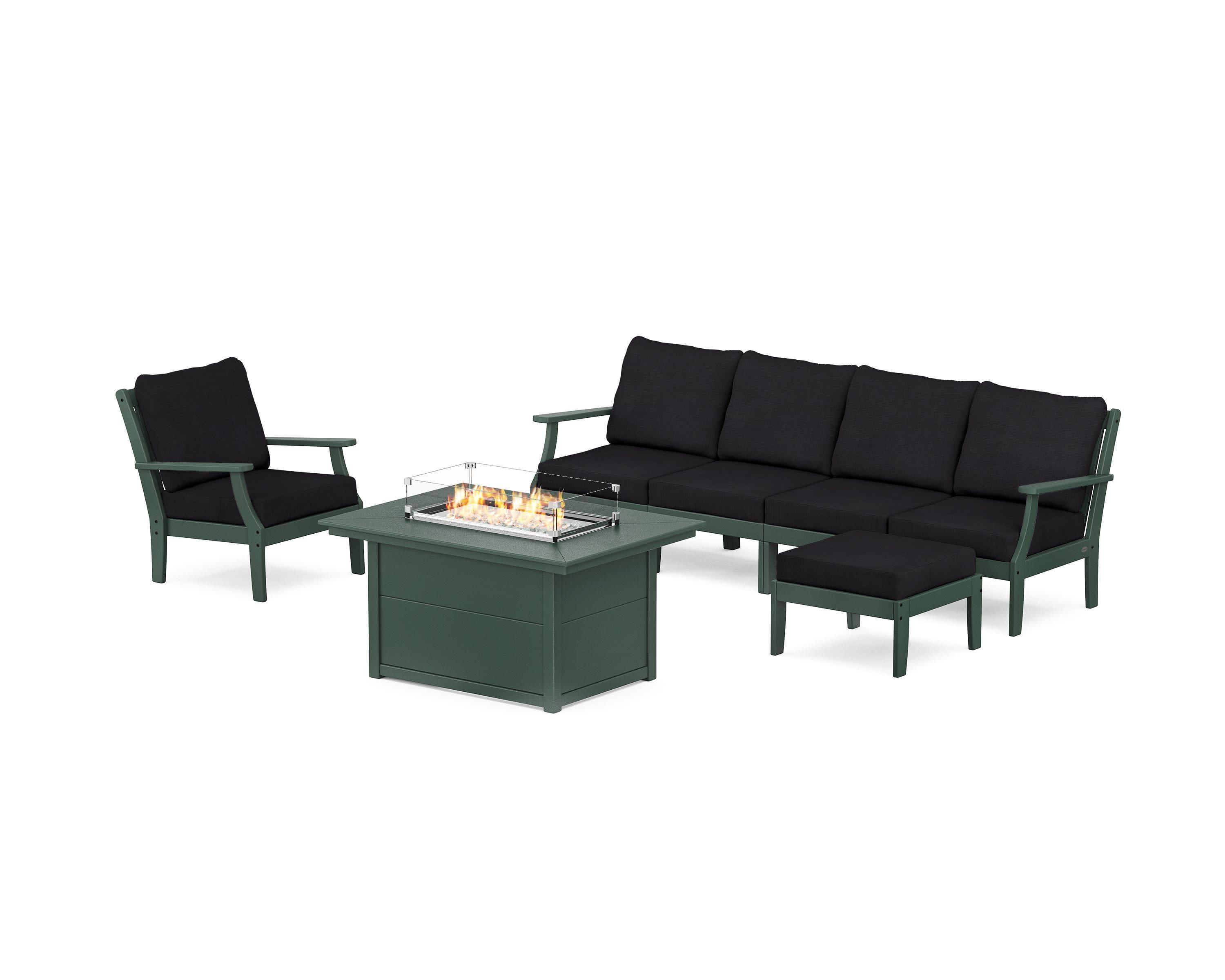 Braxton Sectional Lounge and Fire Pit Set in Green / Midnight Linen