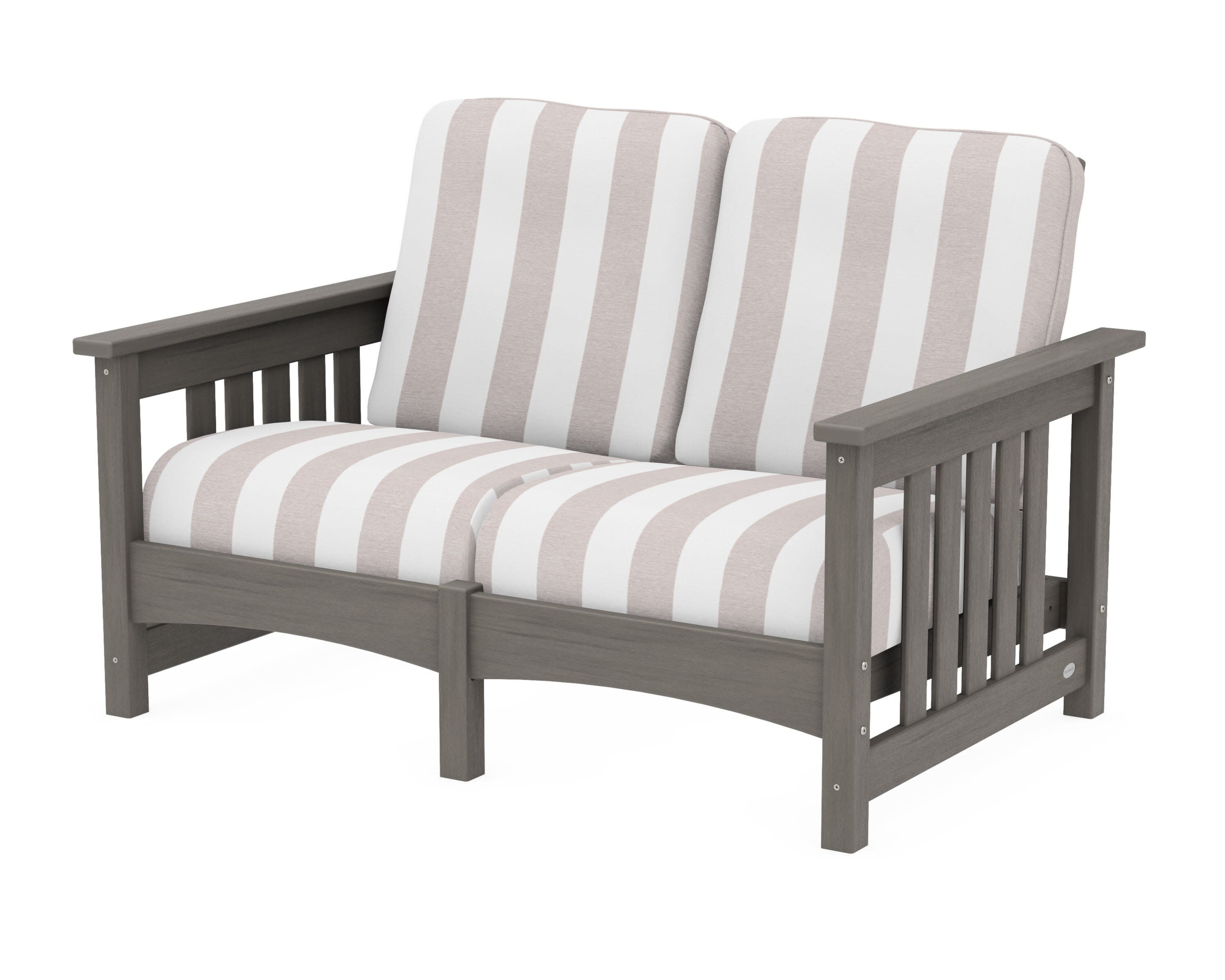 Club Mission Loveseat in Driftwood / Cabana Stripe Dune Burlap