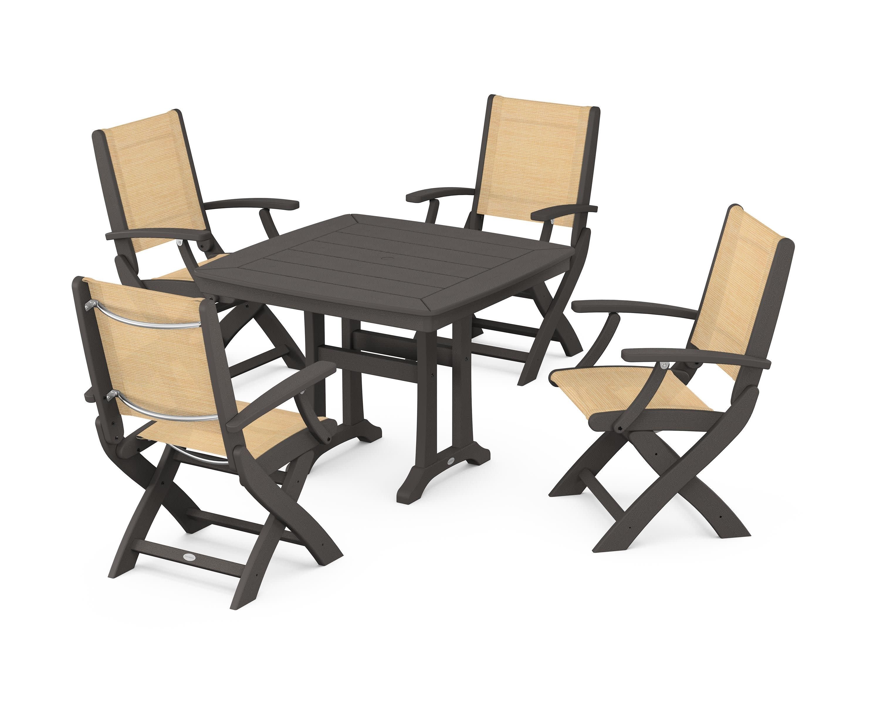 Coastal Folding Chair 5-Piece Dining Set with Trestle Legs in Vintage Coffee / Dupioni Apricot Sling