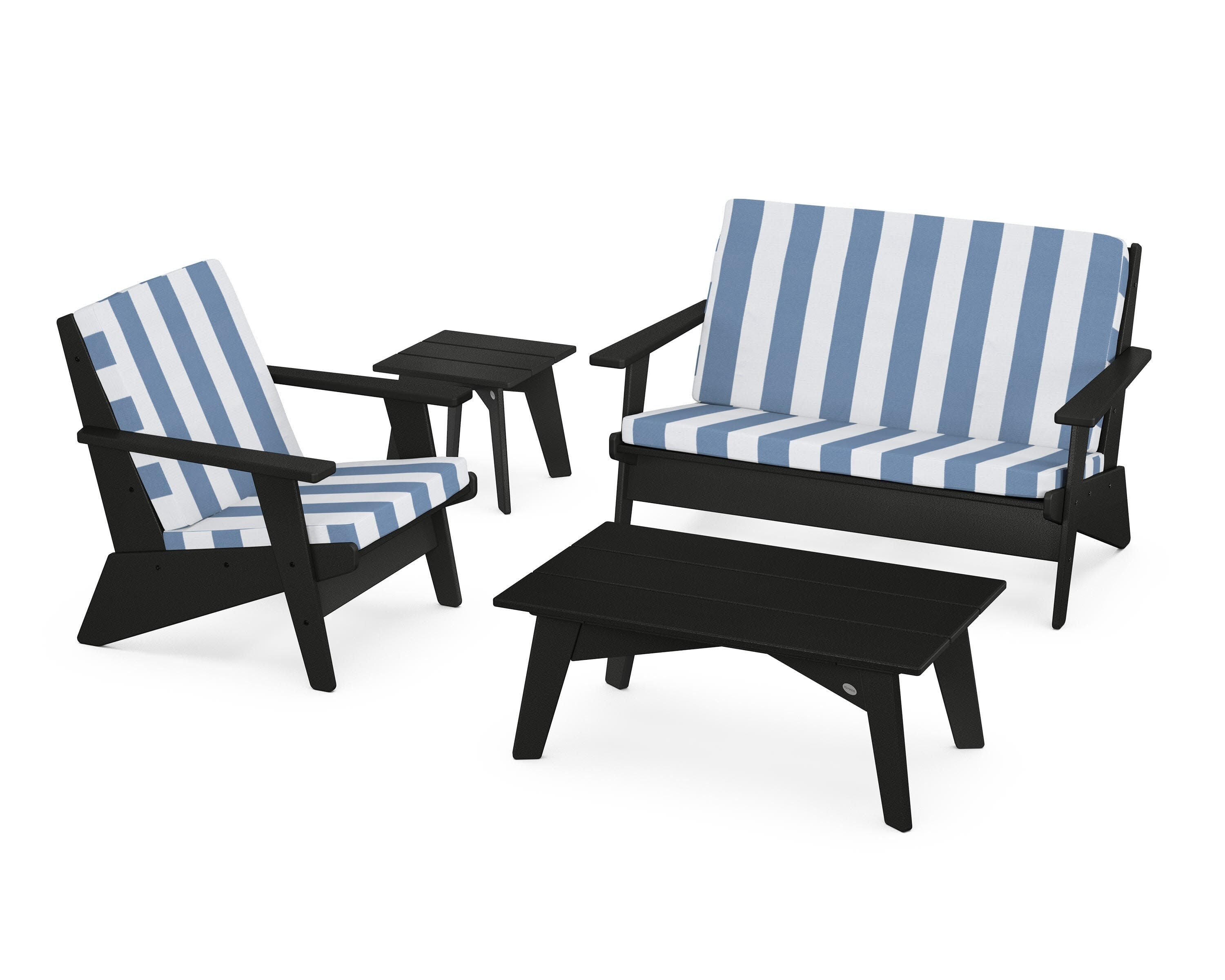 Riviera Modern Lounge 4-Piece Set in Black / Cabana Stripe Sky Blue