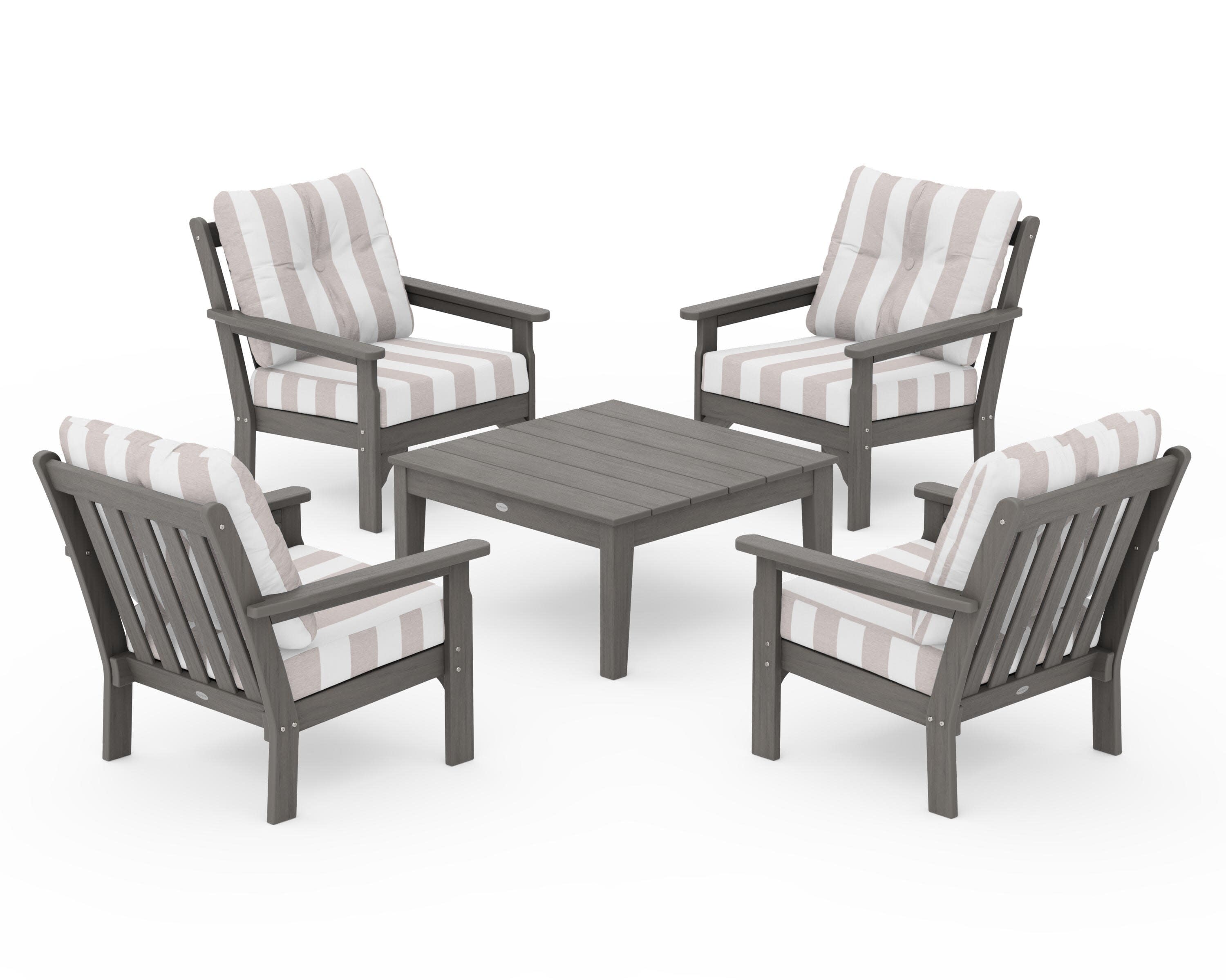 Vineyard 5-Piece Deep Seating Conversation Set in Driftwood / Cabana Stripe Dune Burlap