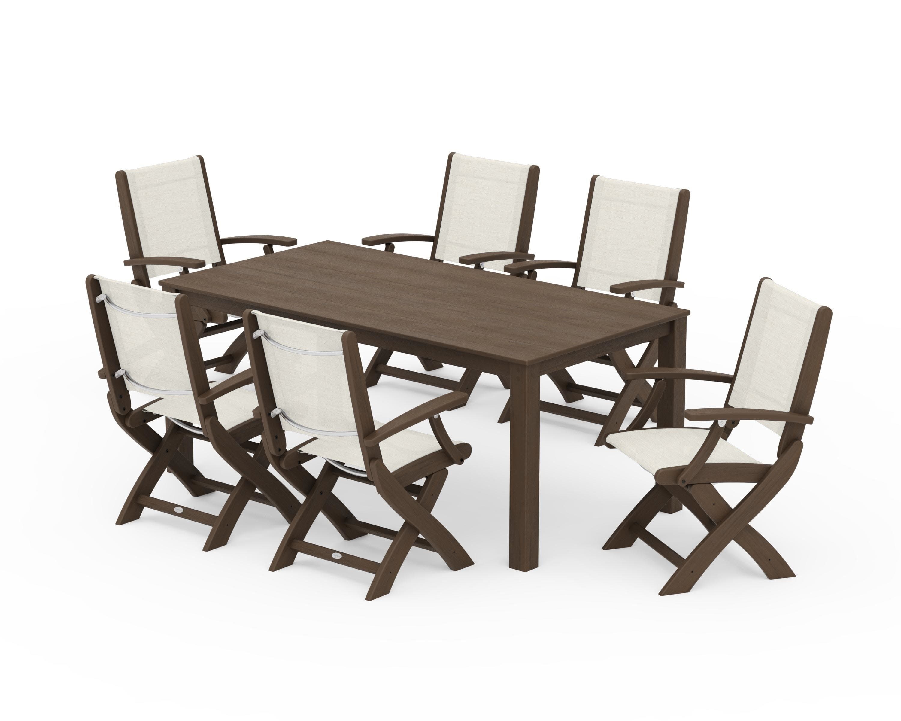 Coastal Folding Chair 7-Piece Parsons Dining Set in Kona / Parchment Sling