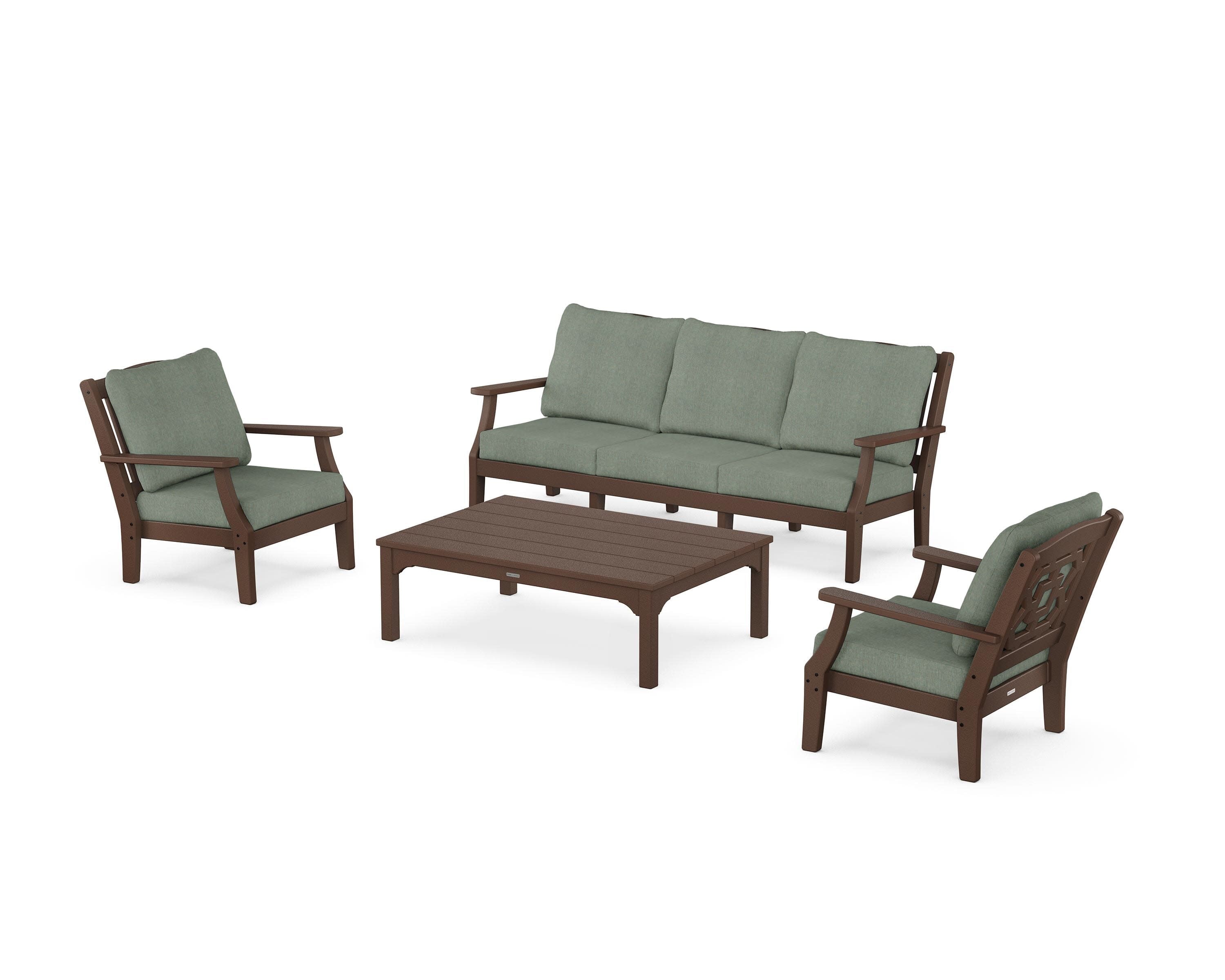 Chinoiserie 4-Piece Deep Seating Set with Sofa in Mahogany / Cast Sage