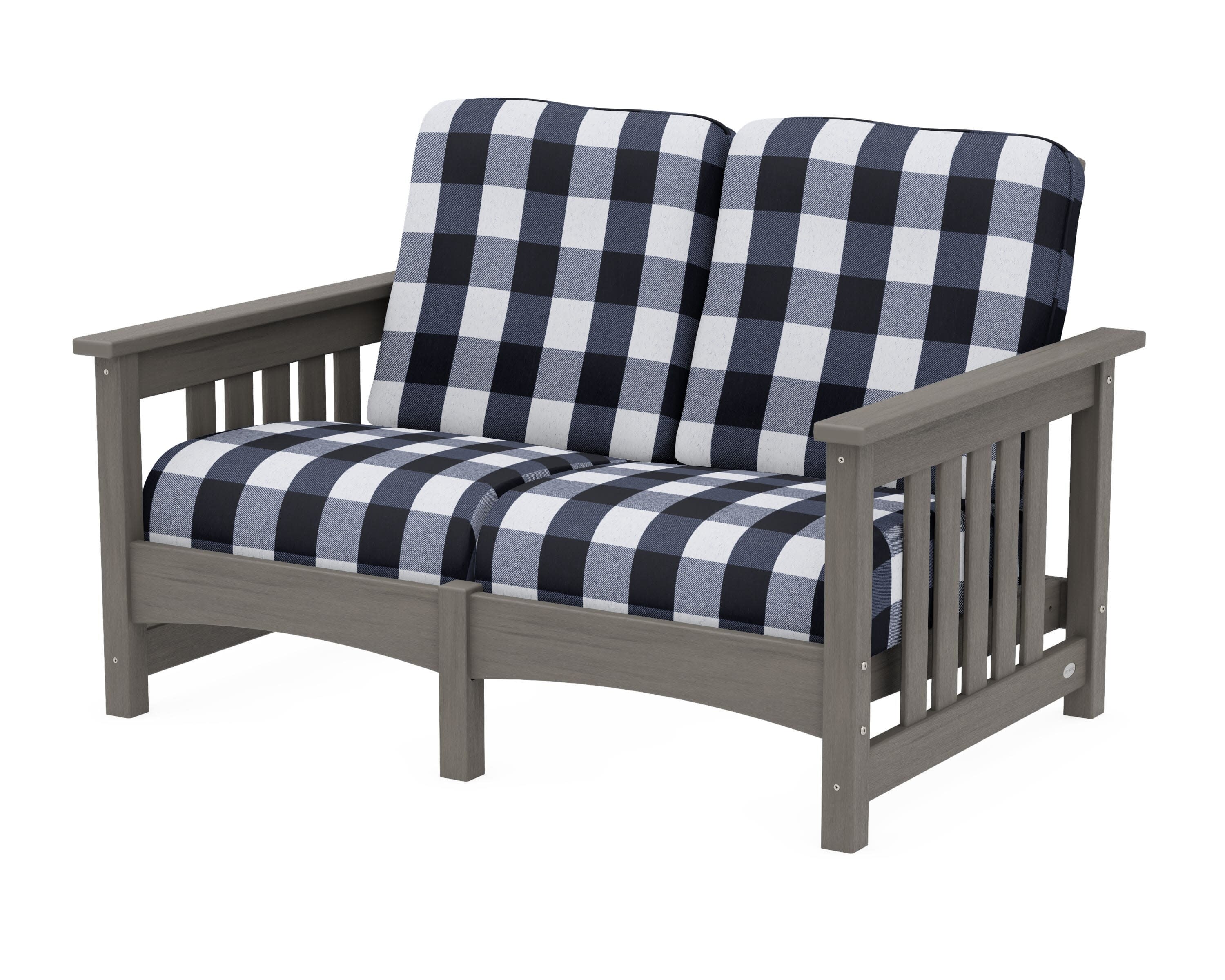 Club Mission Loveseat in Driftwood / Buffalo Plaid Marine Indigo