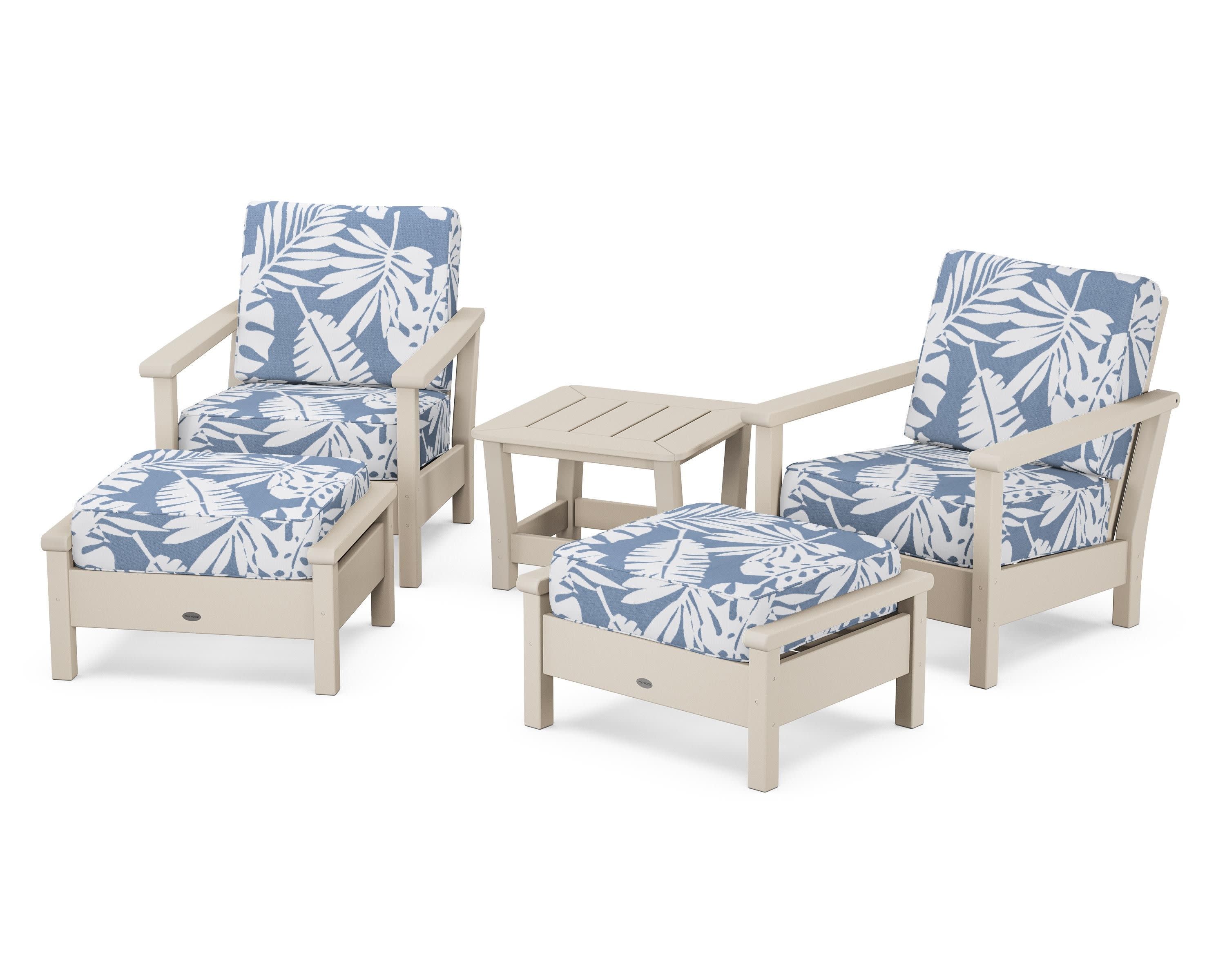Harbour 5-Piece Deep Seating Chair Set in Sand / Leaf Sky Blue