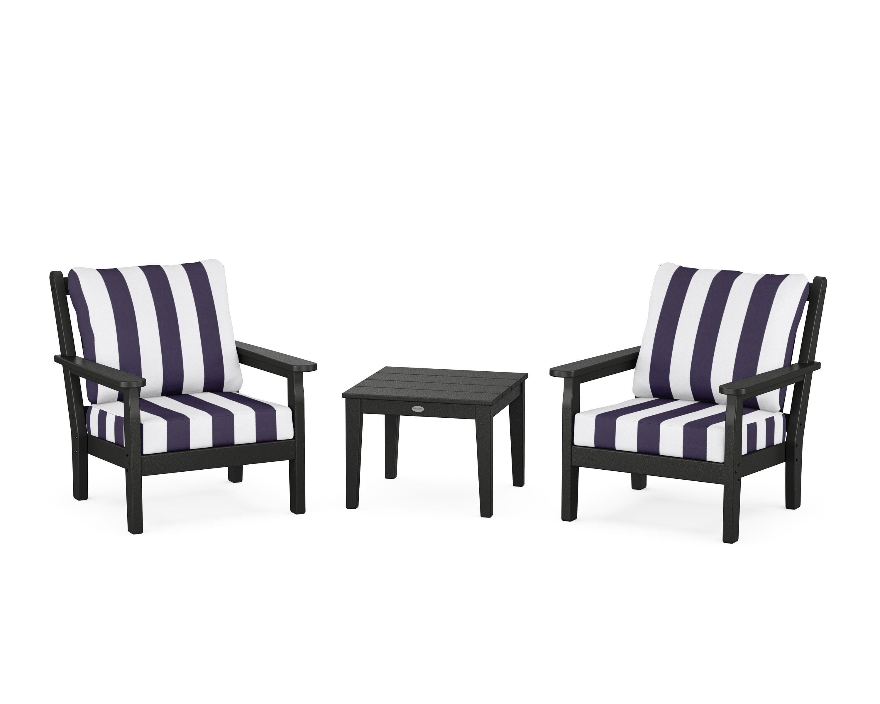Chippendale 3-Piece Deep Seating Set in Black / Cabana Stripe Navy
