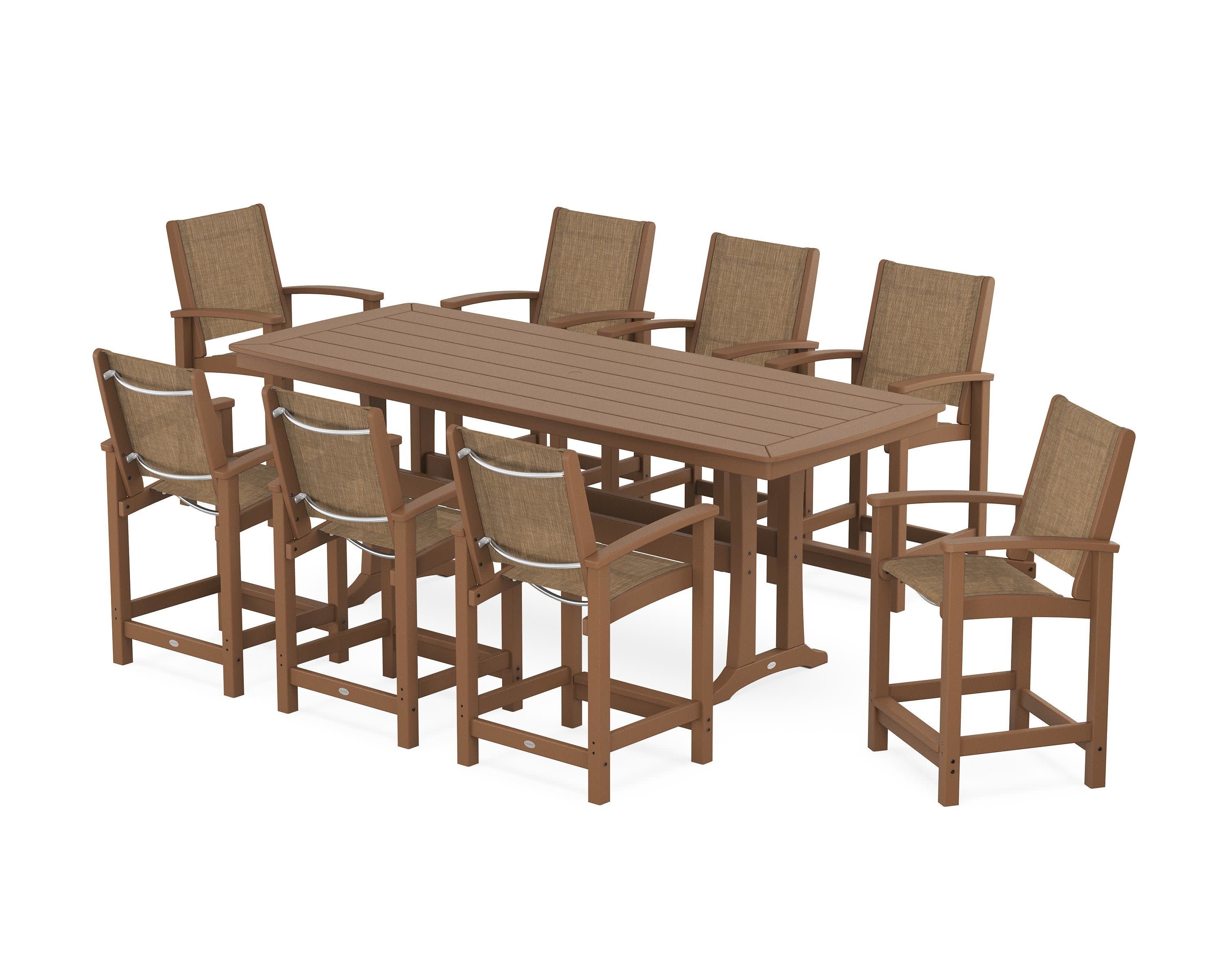 Coastal 9-Piece Counter Set with Trestle Legs in Teak / Burlap Sling