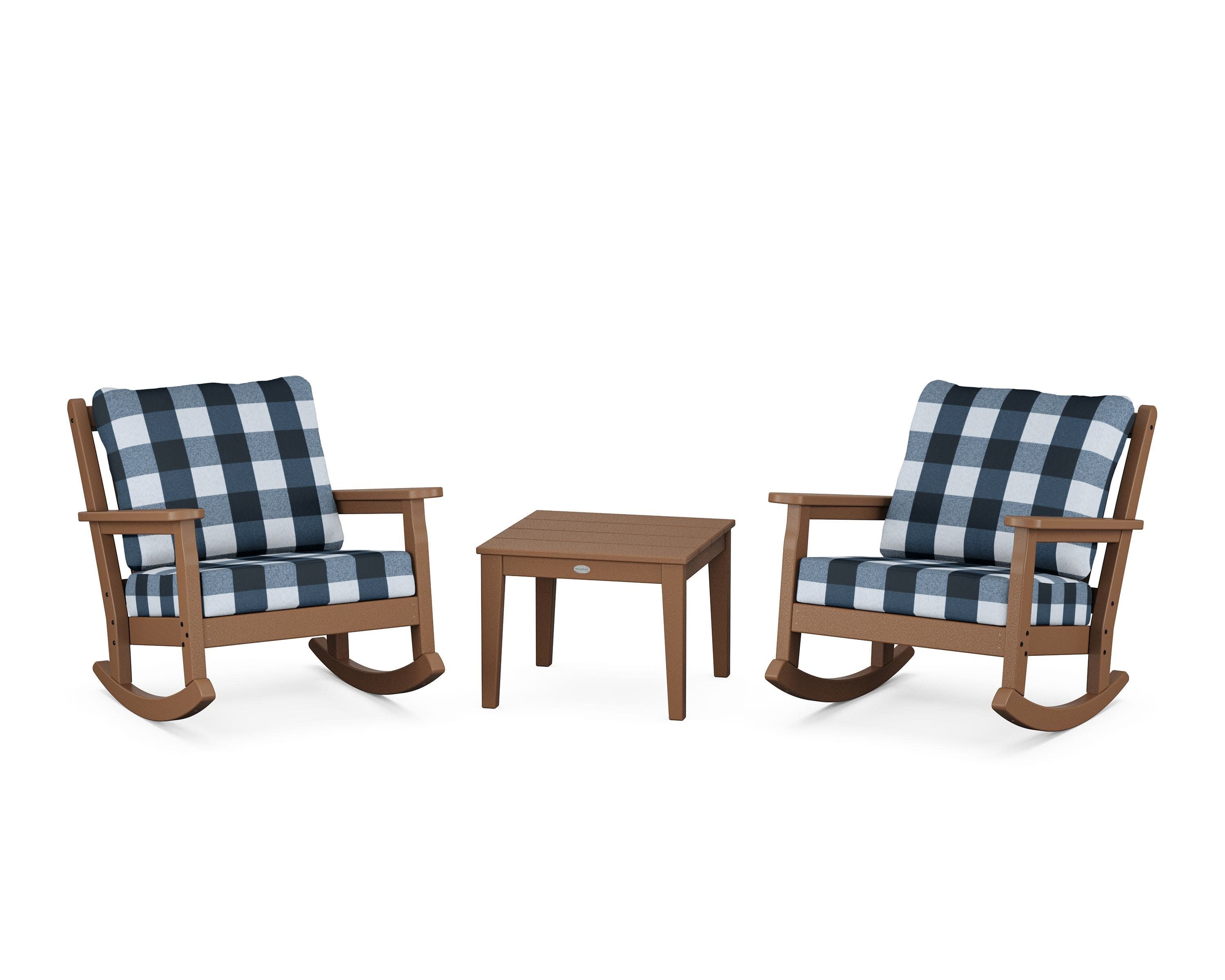 Chippendale 3-Piece Deep Seating Rocker Set in Teak / Buffalo Plaid Marine Indigo