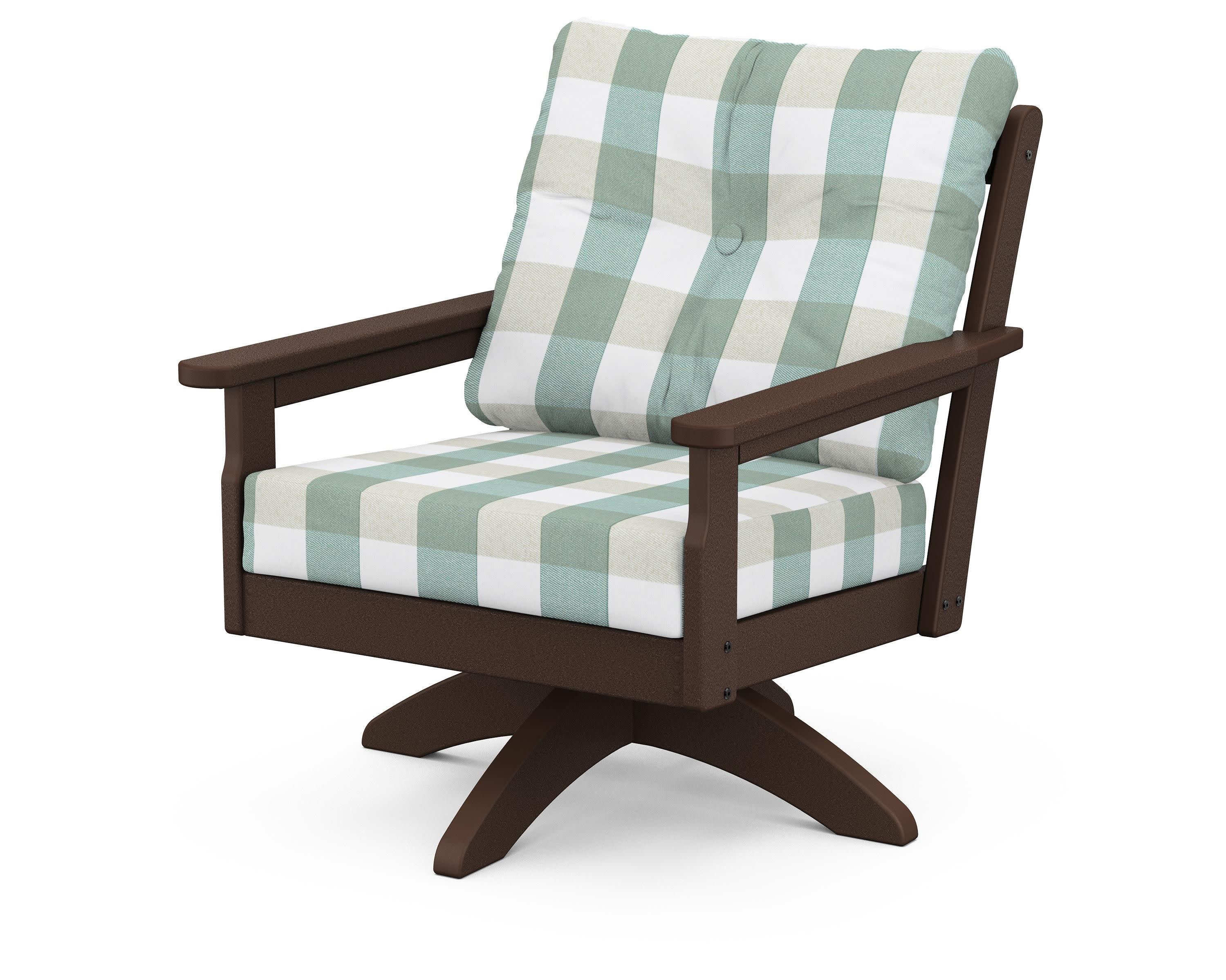 Vineyard Deep Seating Swivel Chair in Mahogany / Buffalo Plaid Glacier Spa