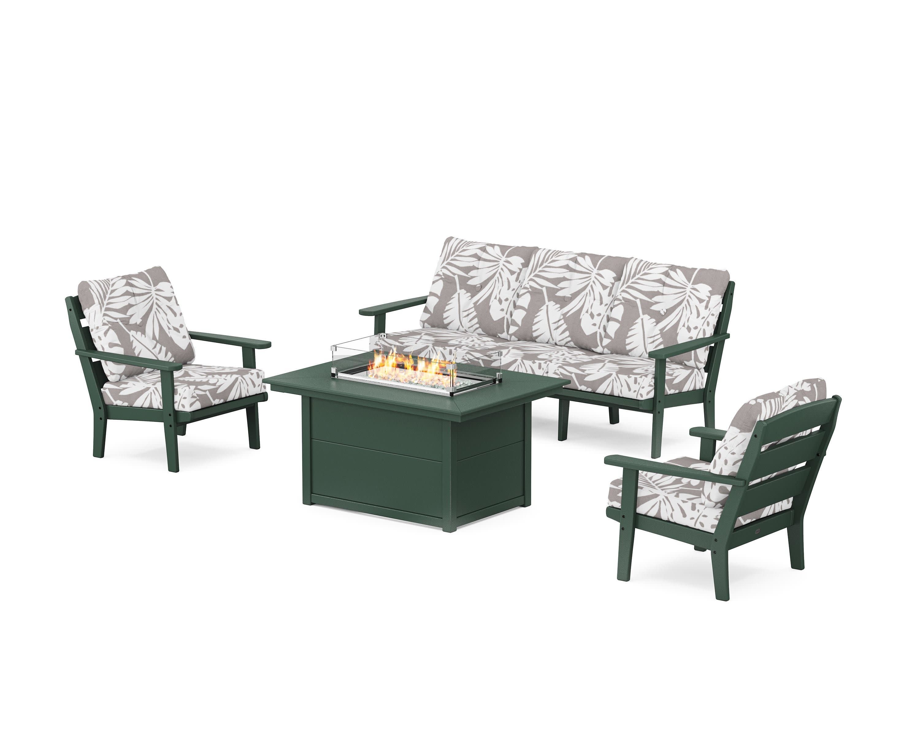 Lakeside Deep Seating Fire Pit Table Set in Green / Leaf Grey Mist