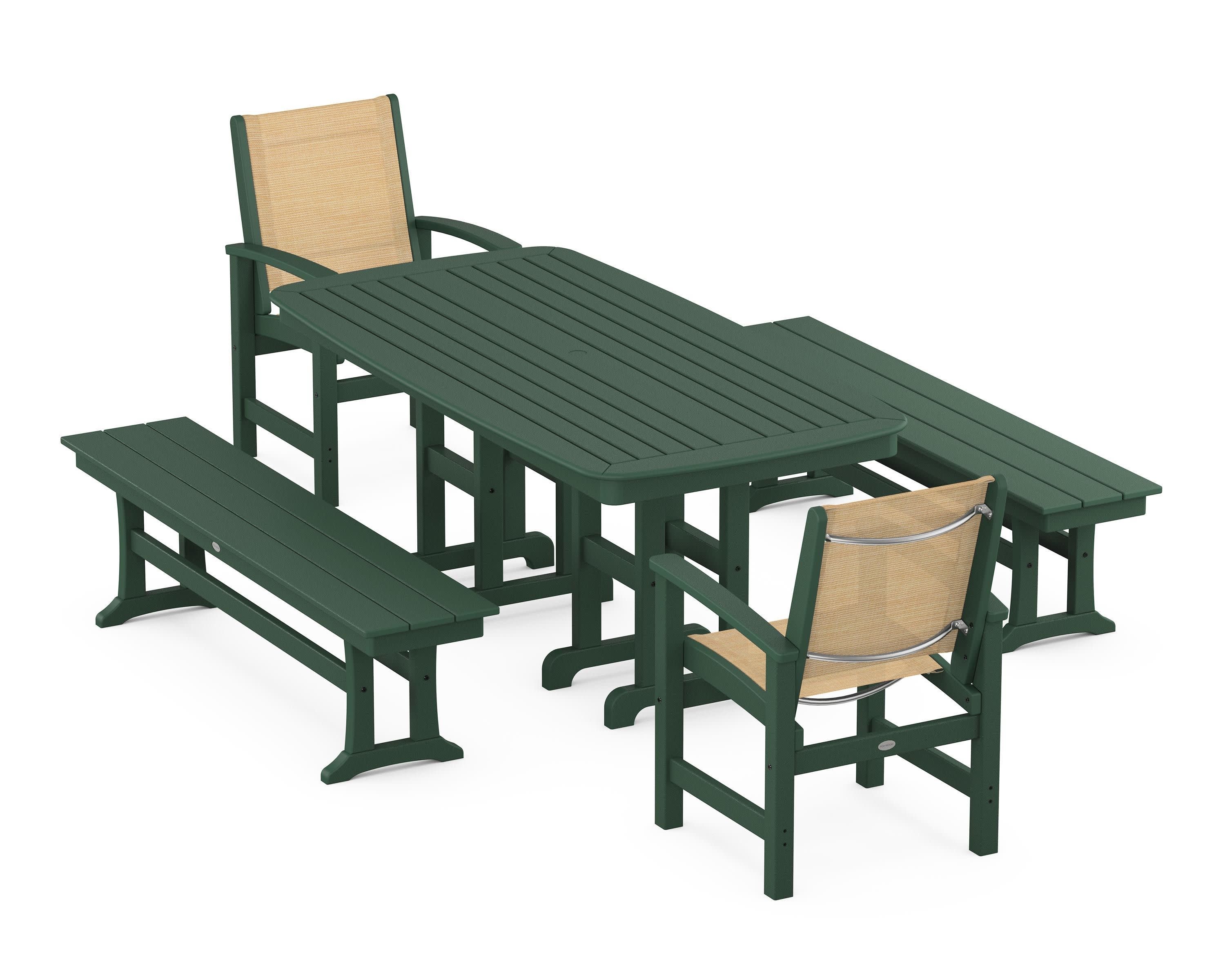 Coastal 5-Piece Dining Set in Green / Dupioni Apricot Sling