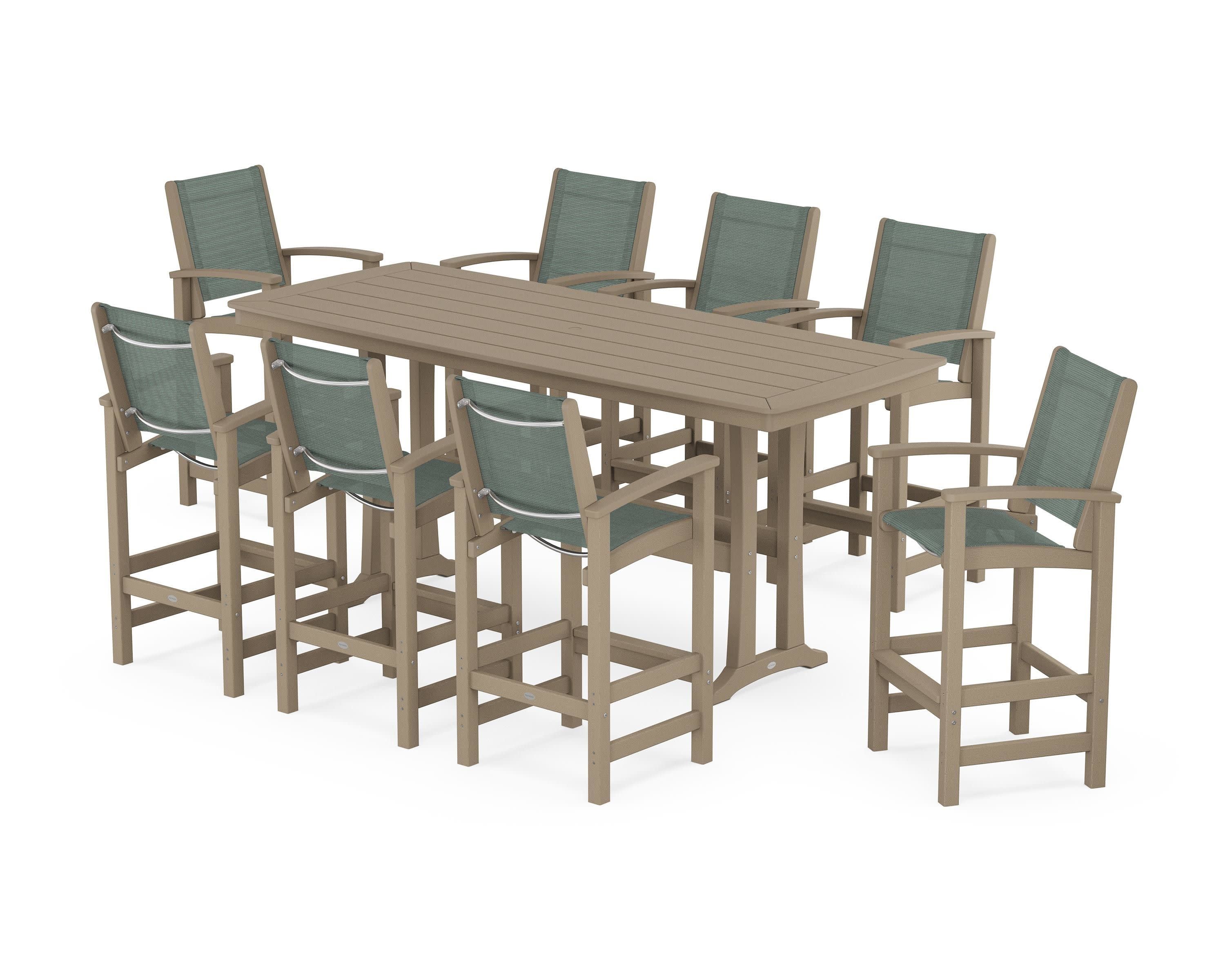 Coastal 9-Piece Bar Set with Trestle Legs in Vintage Sahara / Dupioni Sea Mist Sling