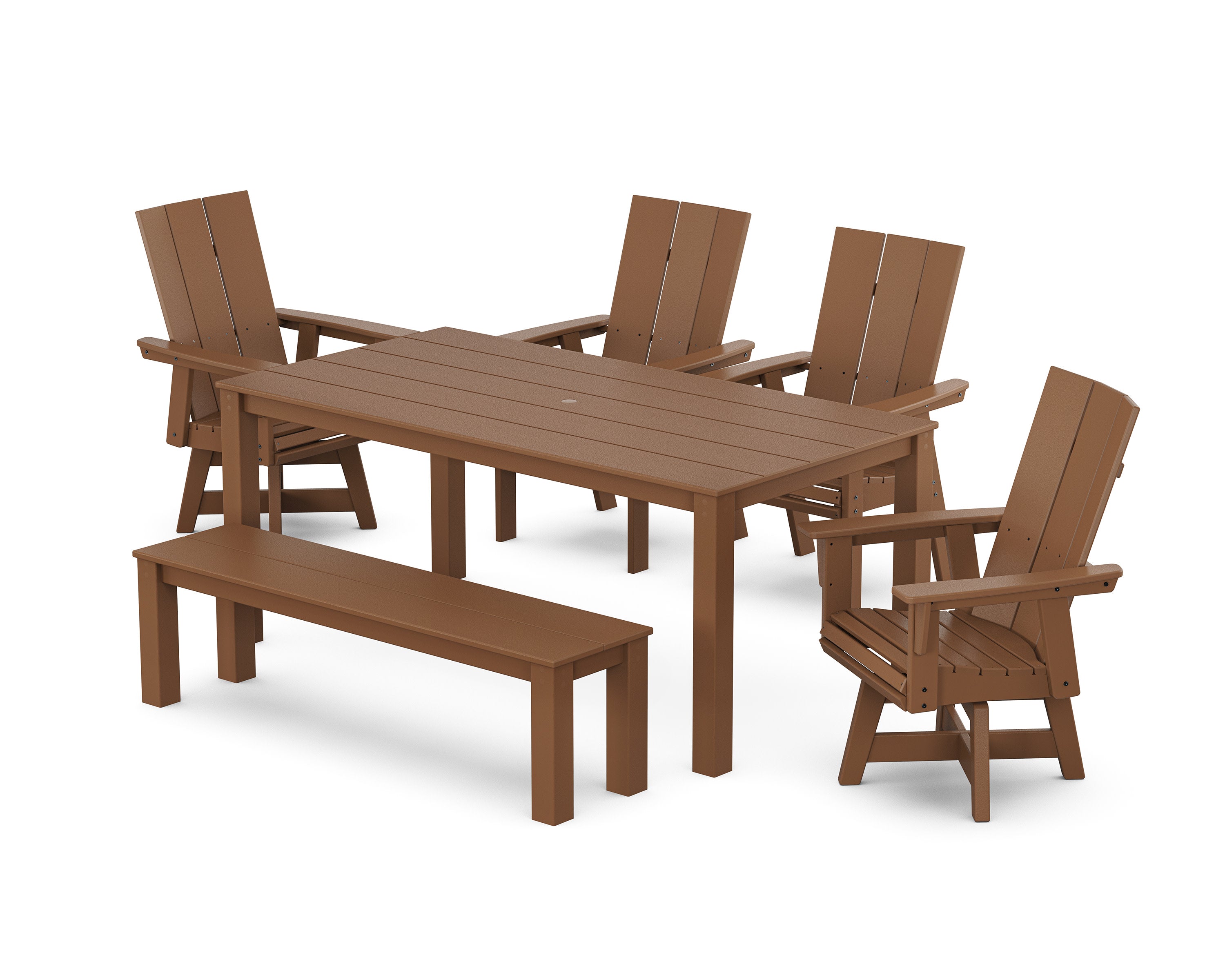 Modern Curveback Adirondack 6-Piece Parsons Swivel Dining Set with Bench in Teak