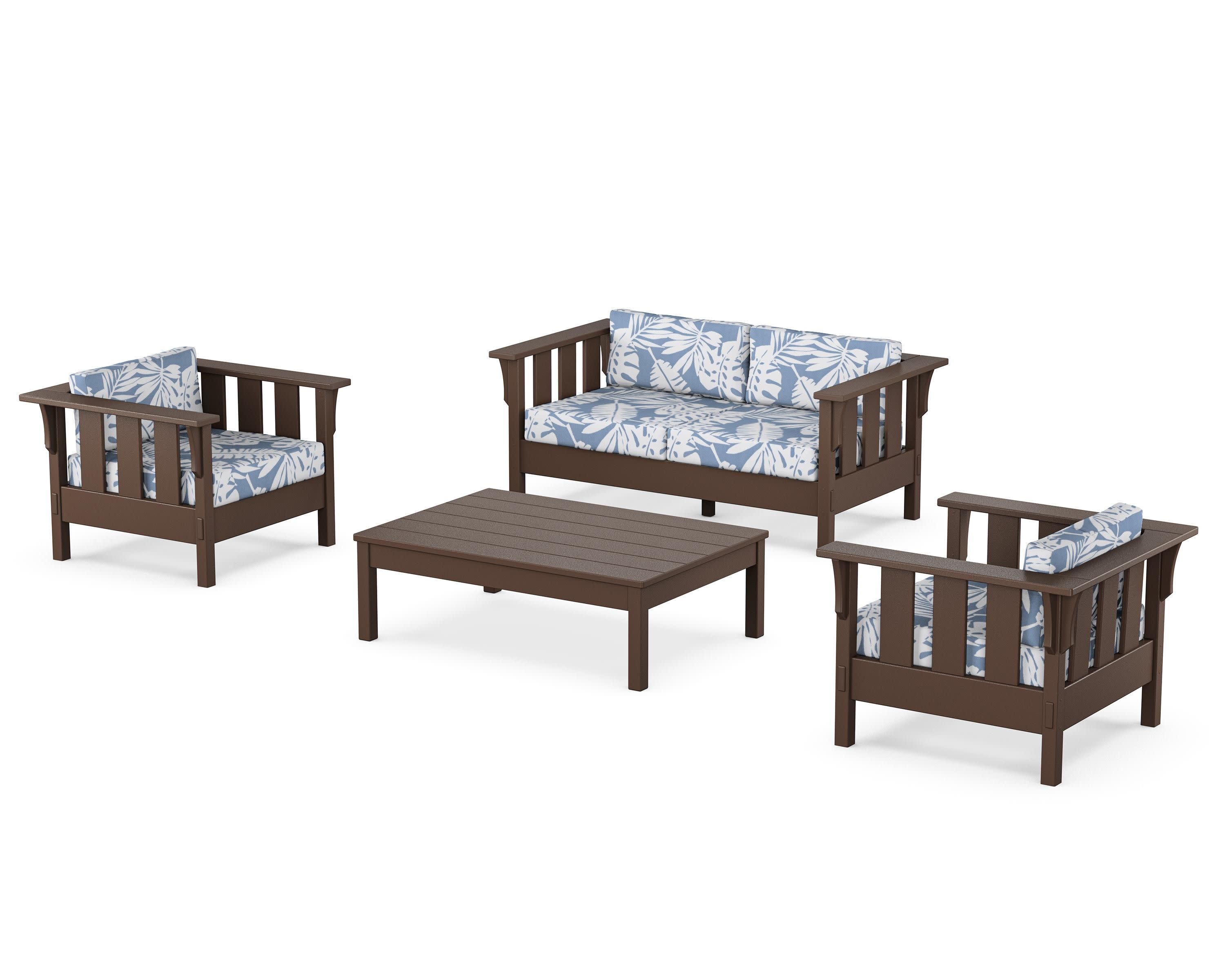 Acadia 4-Piece Deep Seating Set with Loveseat in Mahogany / Leaf Sky Blue