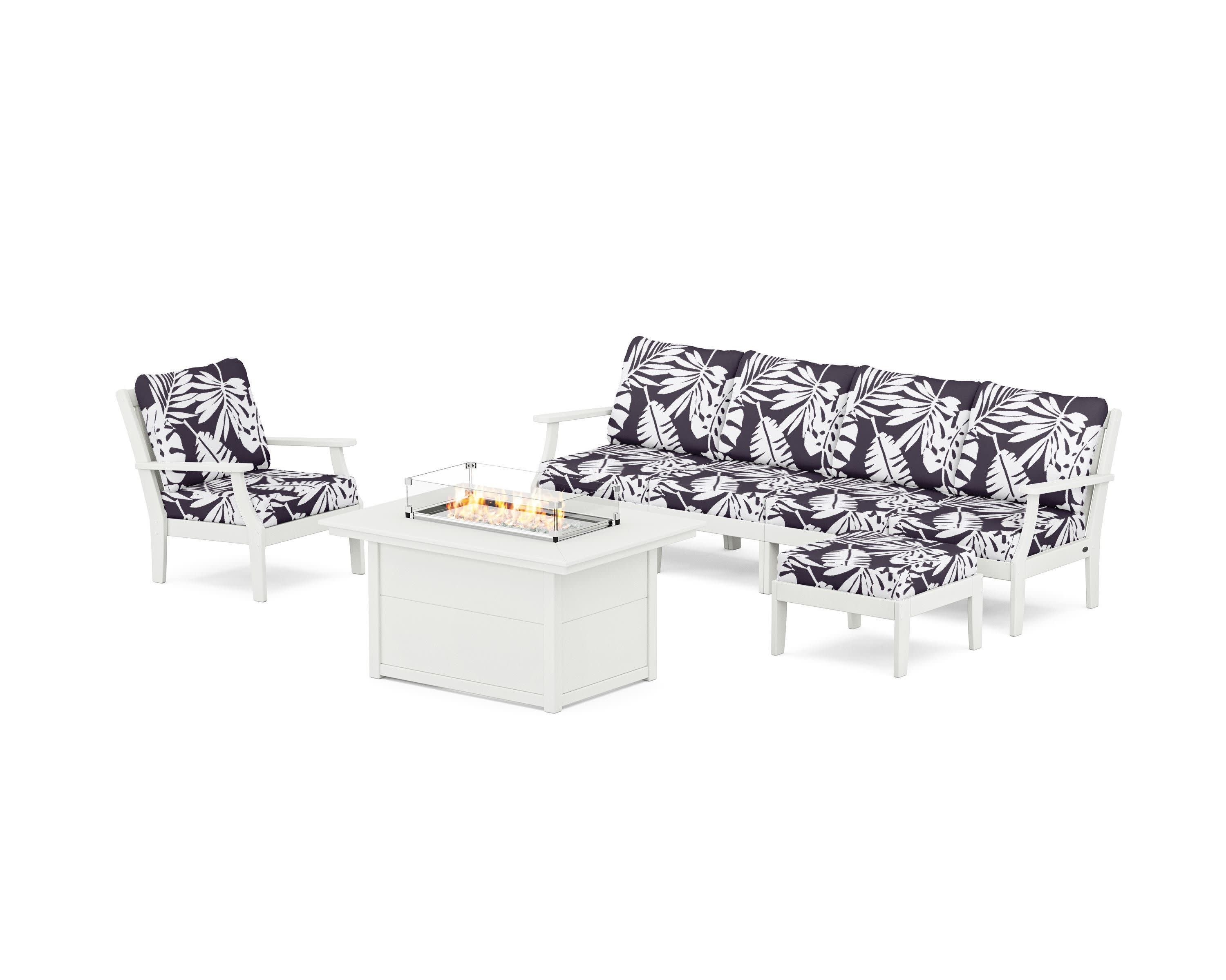 Braxton Sectional Lounge and Fire Pit Set in Vintage White / Leaf Navy
