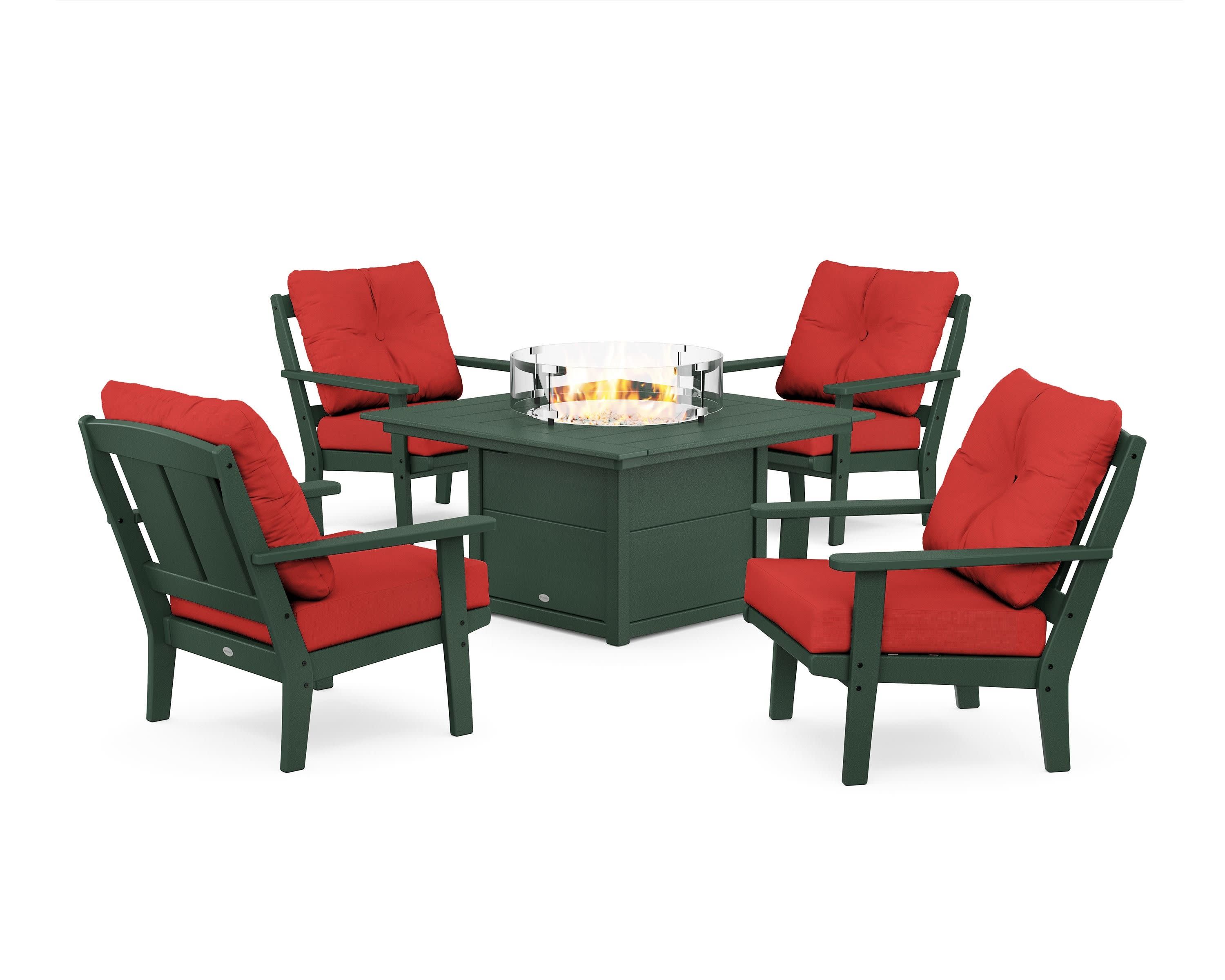Mission 5-Piece Deep Seating Set with Fire Pit Table in Green / Crimson Linen