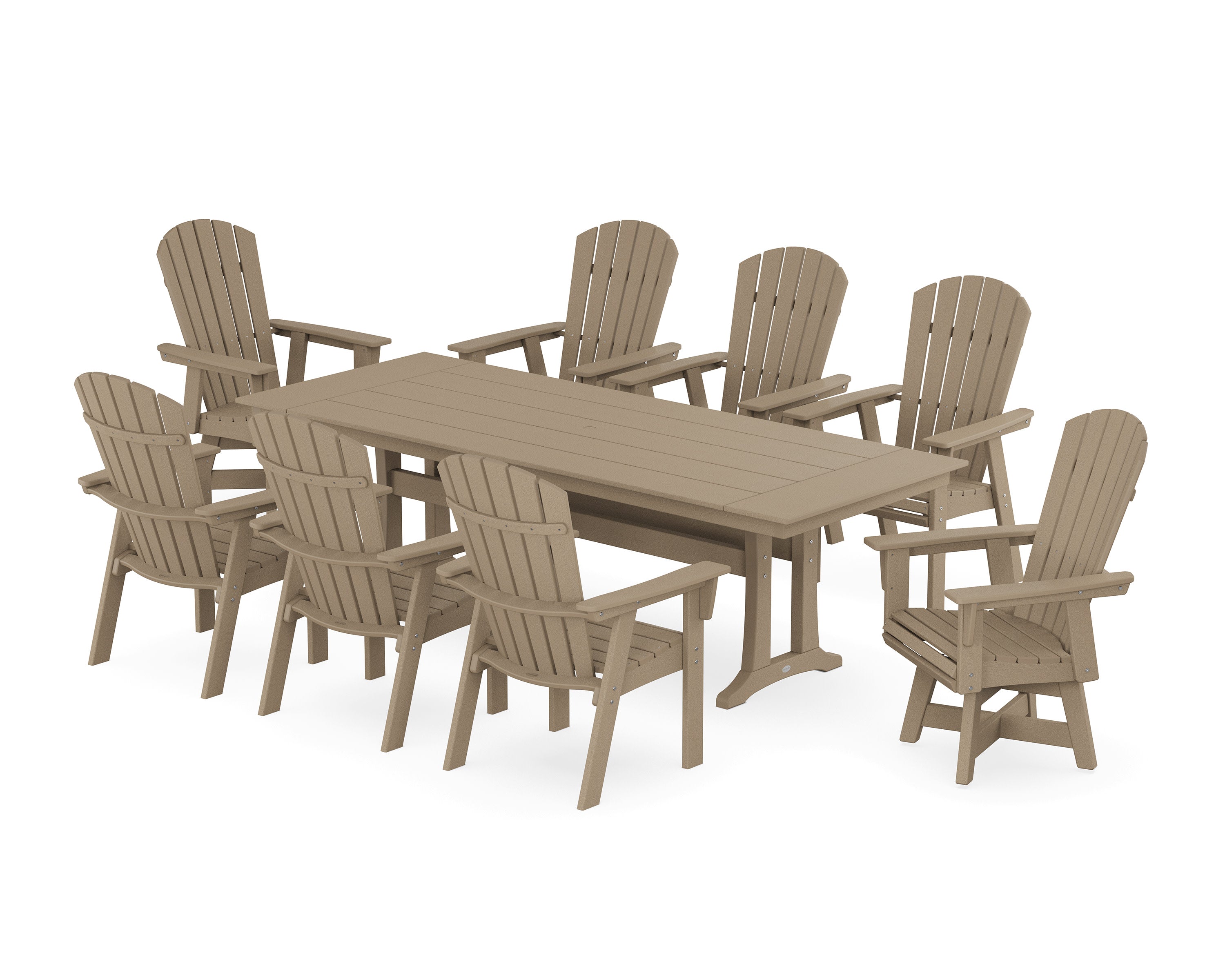 Nautical Curveback Adirondack Swivel 9-Piece Farmhouse Dining Set with Trestle Legs in Vintage Sahara