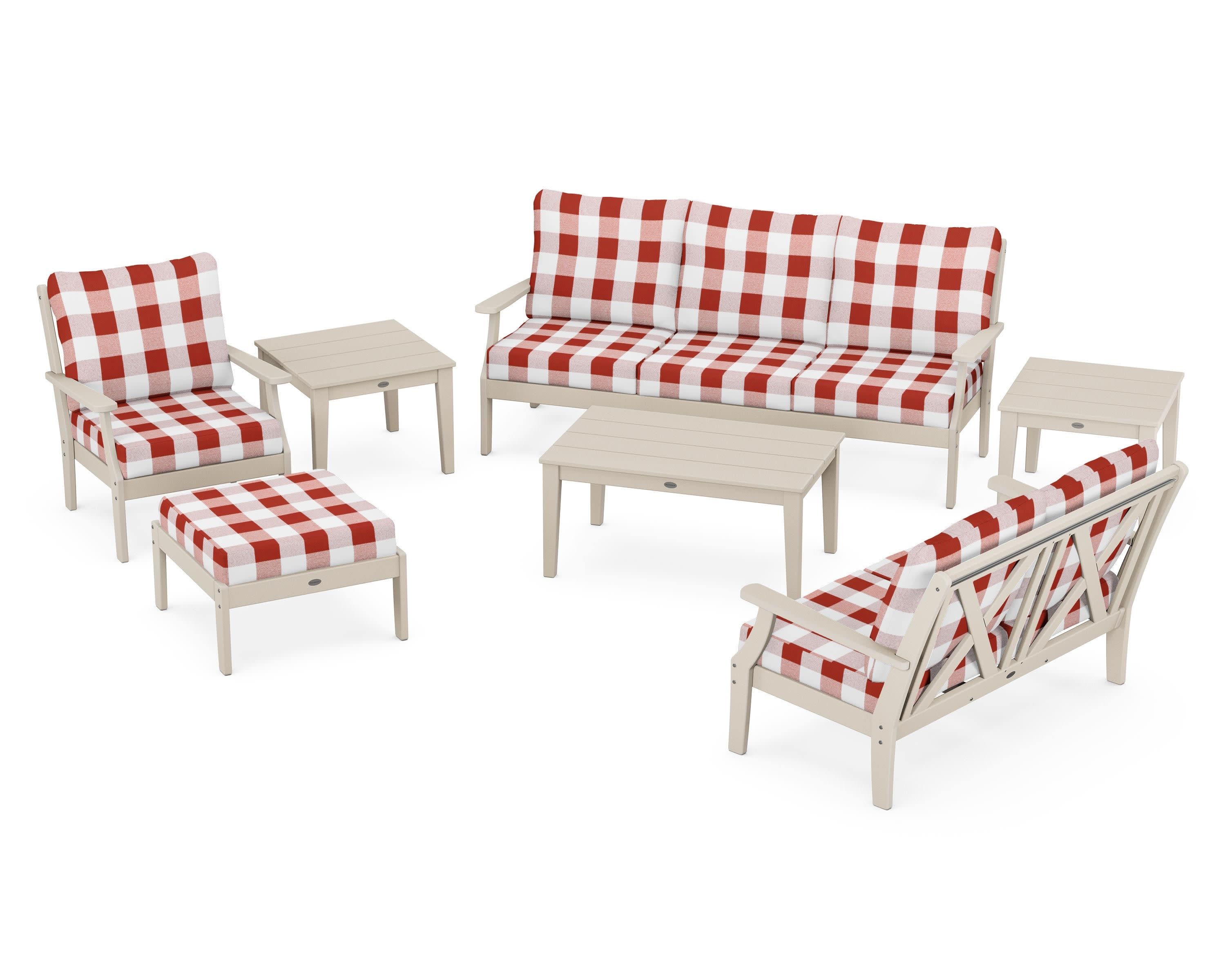 Braxton 7-Piece Deep Seating Set in Sand / Buffalo Plaid Crimson