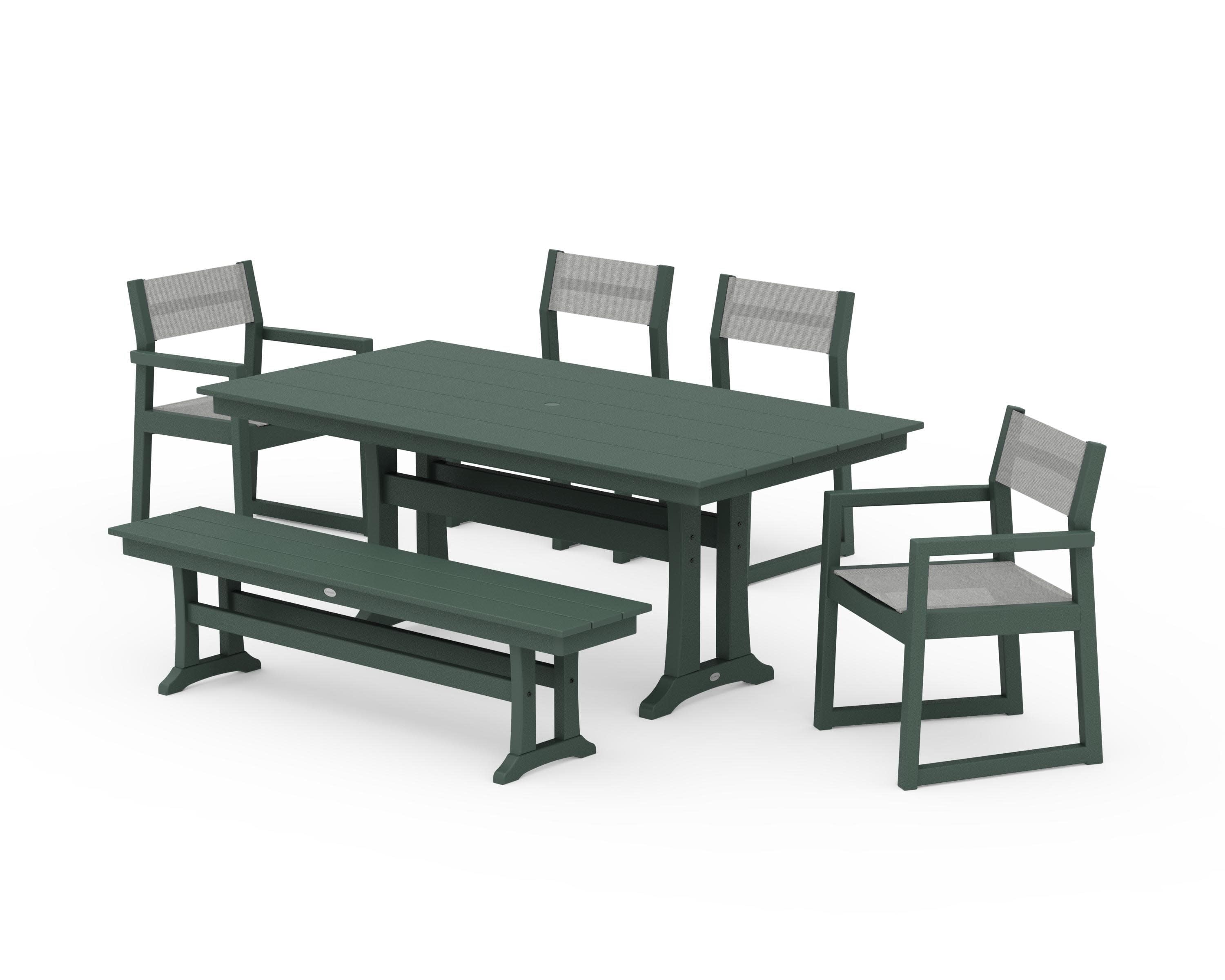EDGE Sling 6-Piece Farmhouse Dining Set With Trestle Legs in Green / Metallic Sling