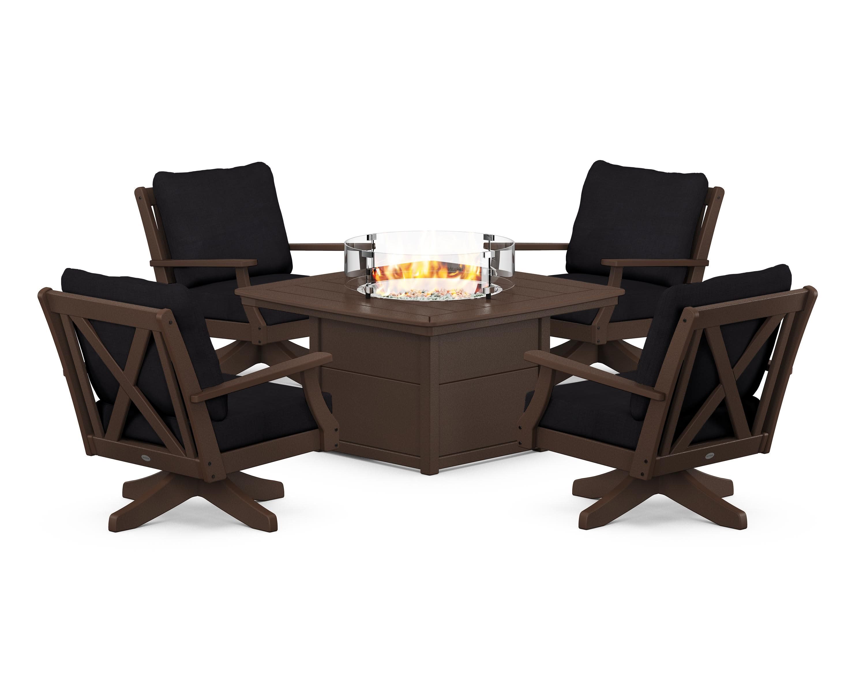 Braxton 5-Piece Deep Seating Swivel Conversation Set with Fire Pit Table in Mahogany / Midnight Linen