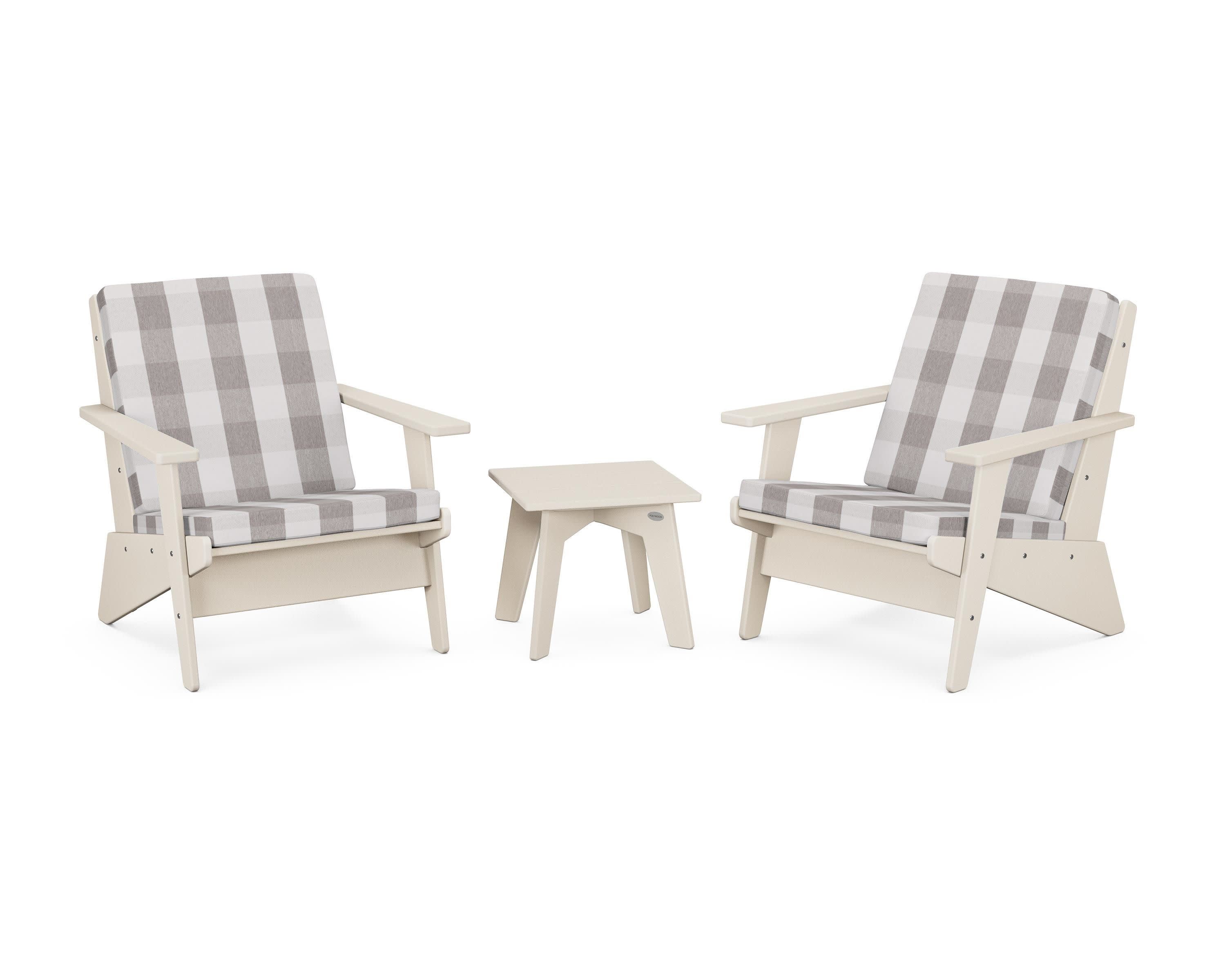 Riviera Modern Lounge 3-Piece Set in Sand / Buffalo Plaid Grey Mist