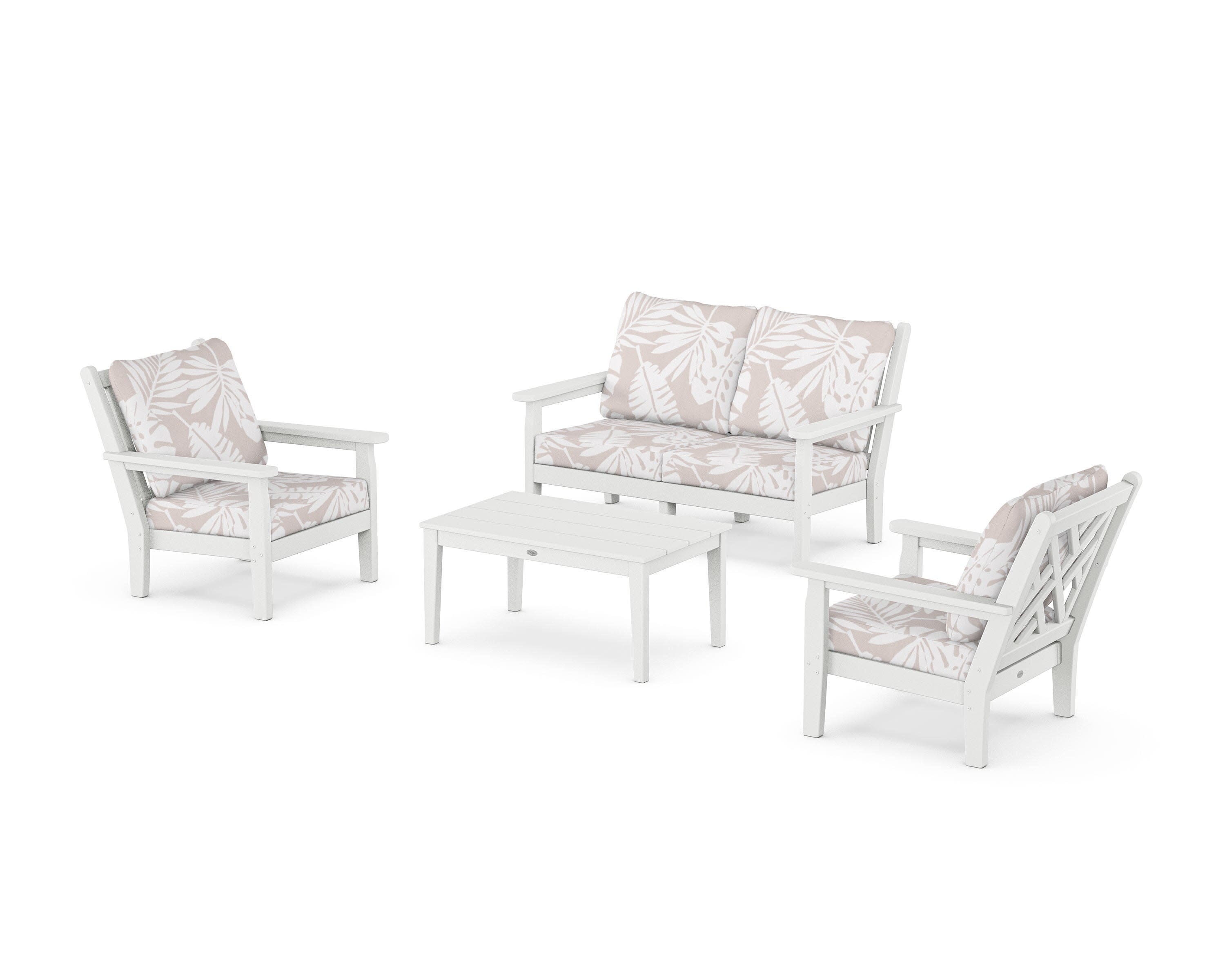 Chippendale 4-Piece Deep Seating Set with Loveseat in White / Leaf Dune Burlap
