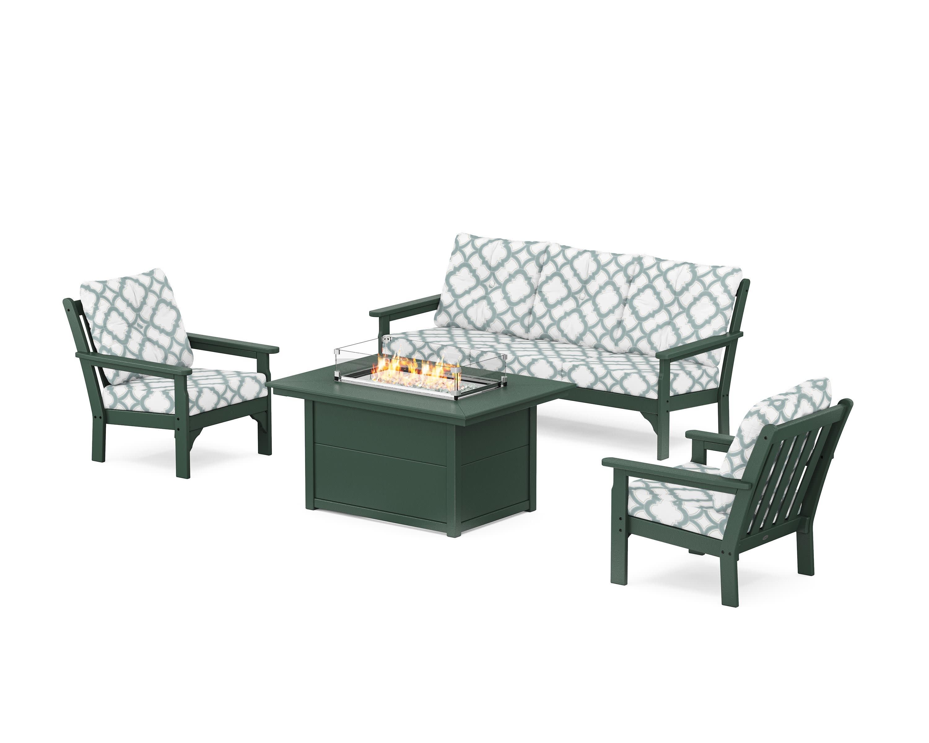Vineyard Deep Seating Fire Pit Table Set in Green / Trellis Glacier Spa