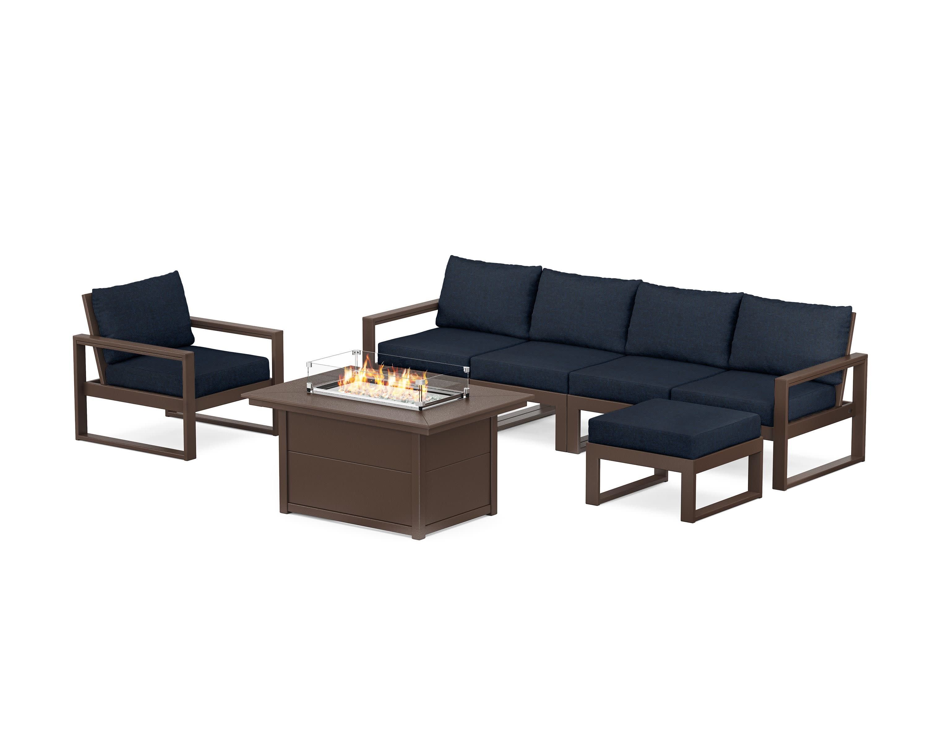 EDGE Sectional Lounge and Fire Pit Set in Mahogany / Marine Indigo
