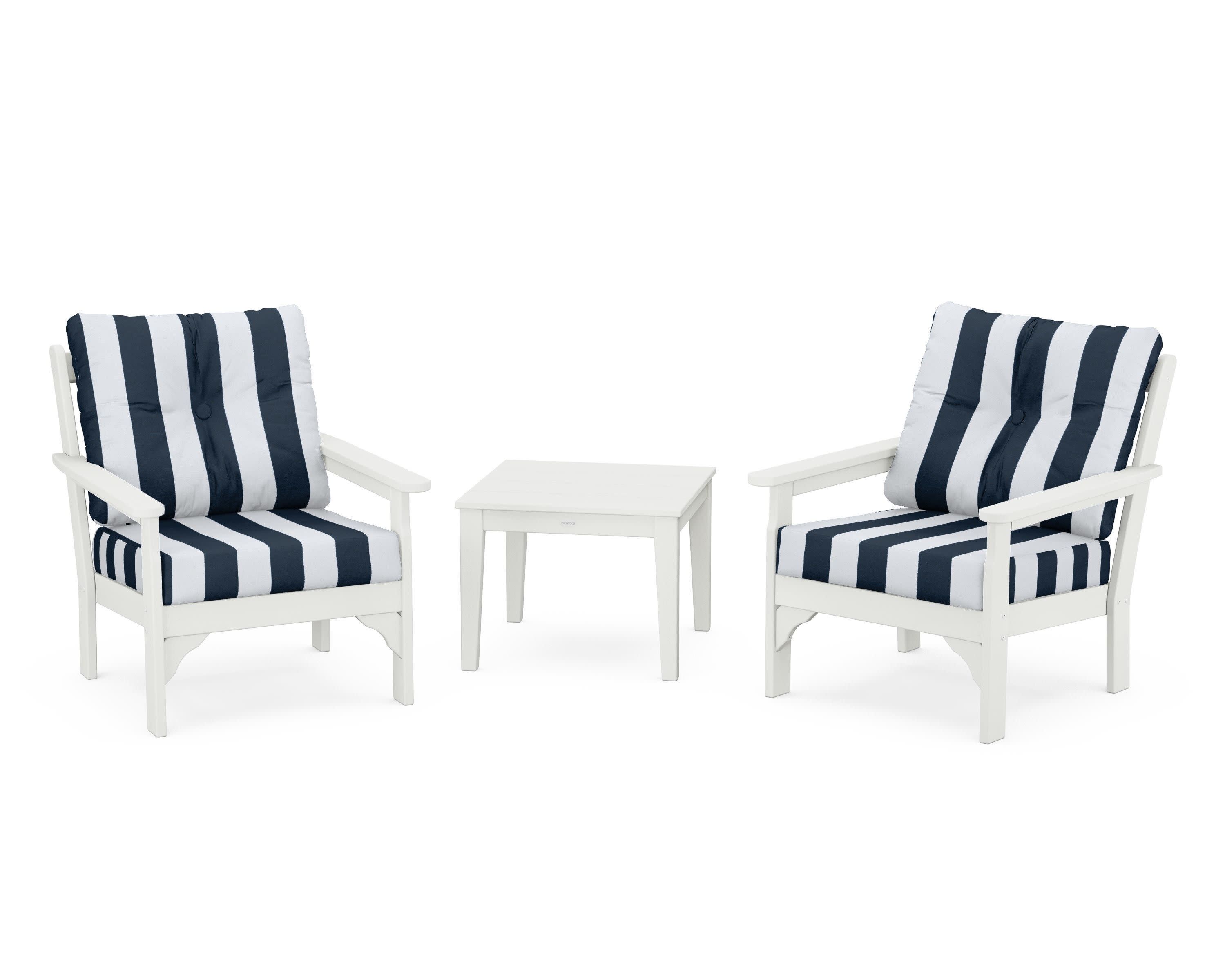 Vineyard 3-Piece Deep Seating Set in Vintage White / Cabana Stripe Marine Indigo