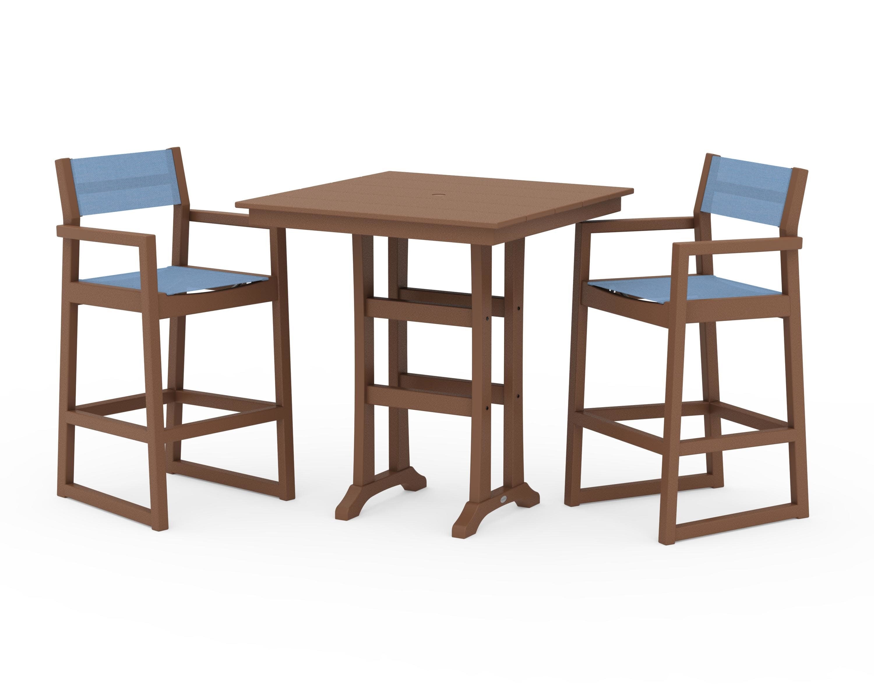 EDGE Sling Arm Chair 3-Piece Farmhouse Bar Set with Trestle Legs in Teak / Poolside Sling