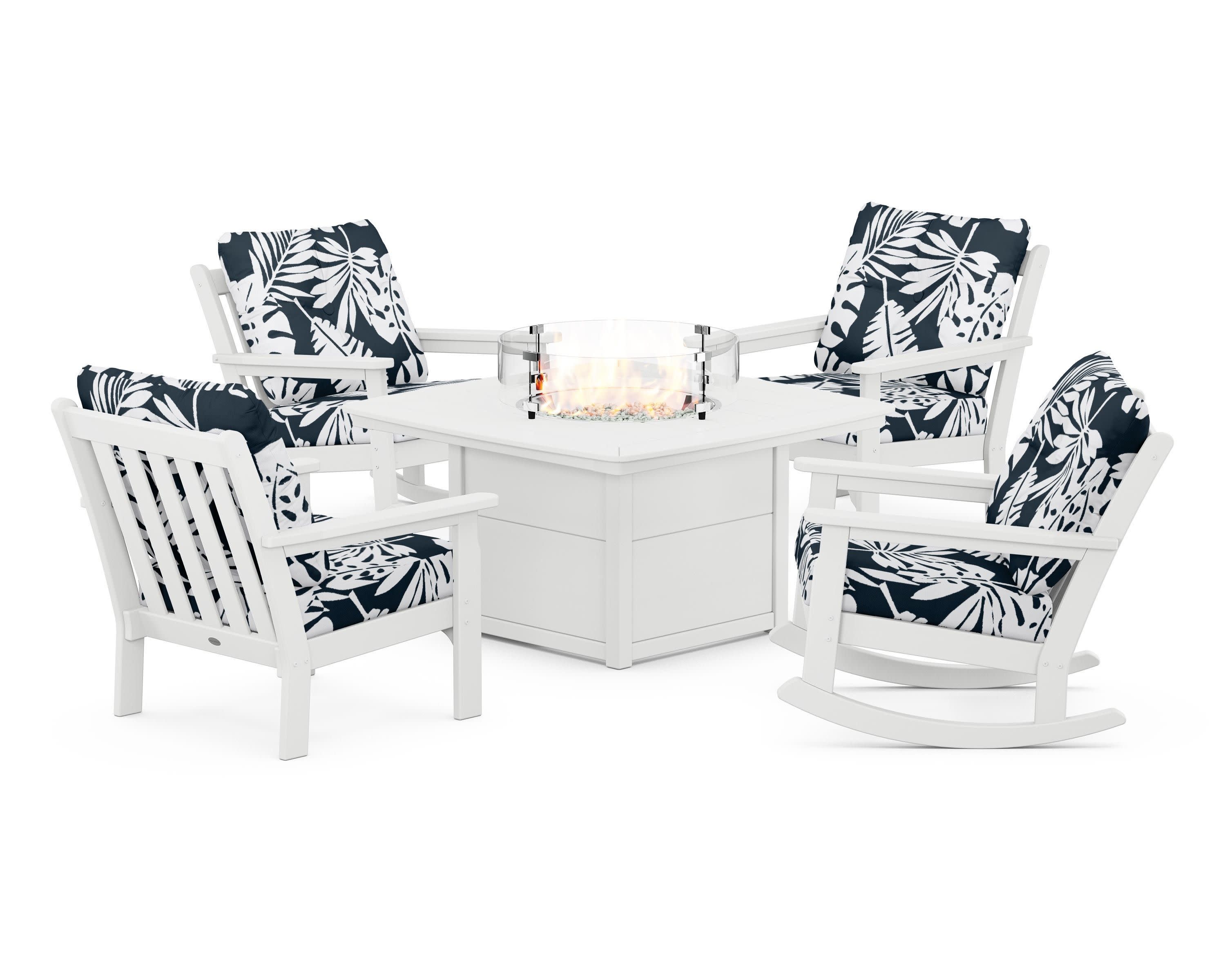 Vineyard 5-Piece Deep Seating Rocking Chair Conversation Set with Fire Pit Table in White / Leaf Marine Indigo